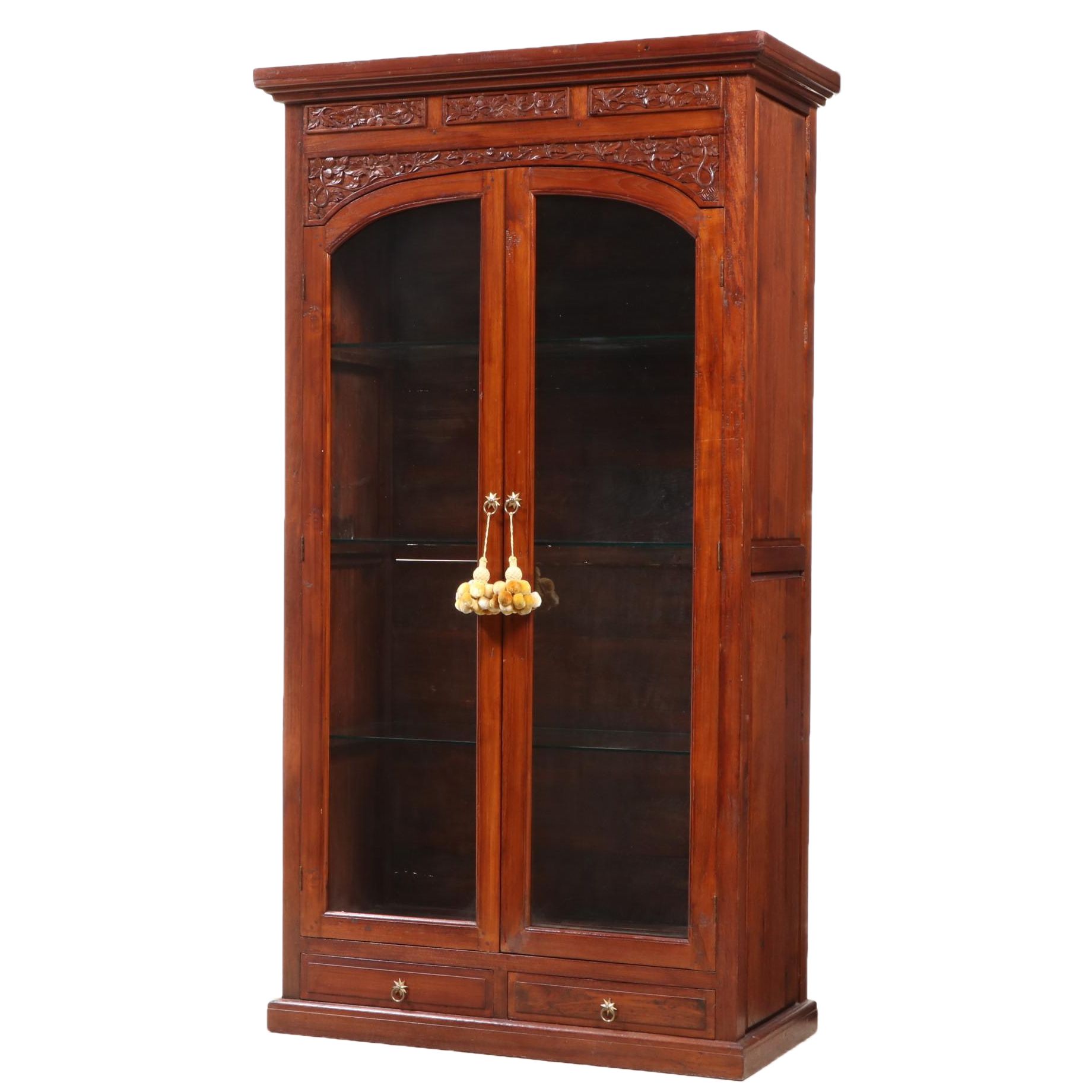 Indonesian Hand Carved Teak Illuminated Display Cabinet