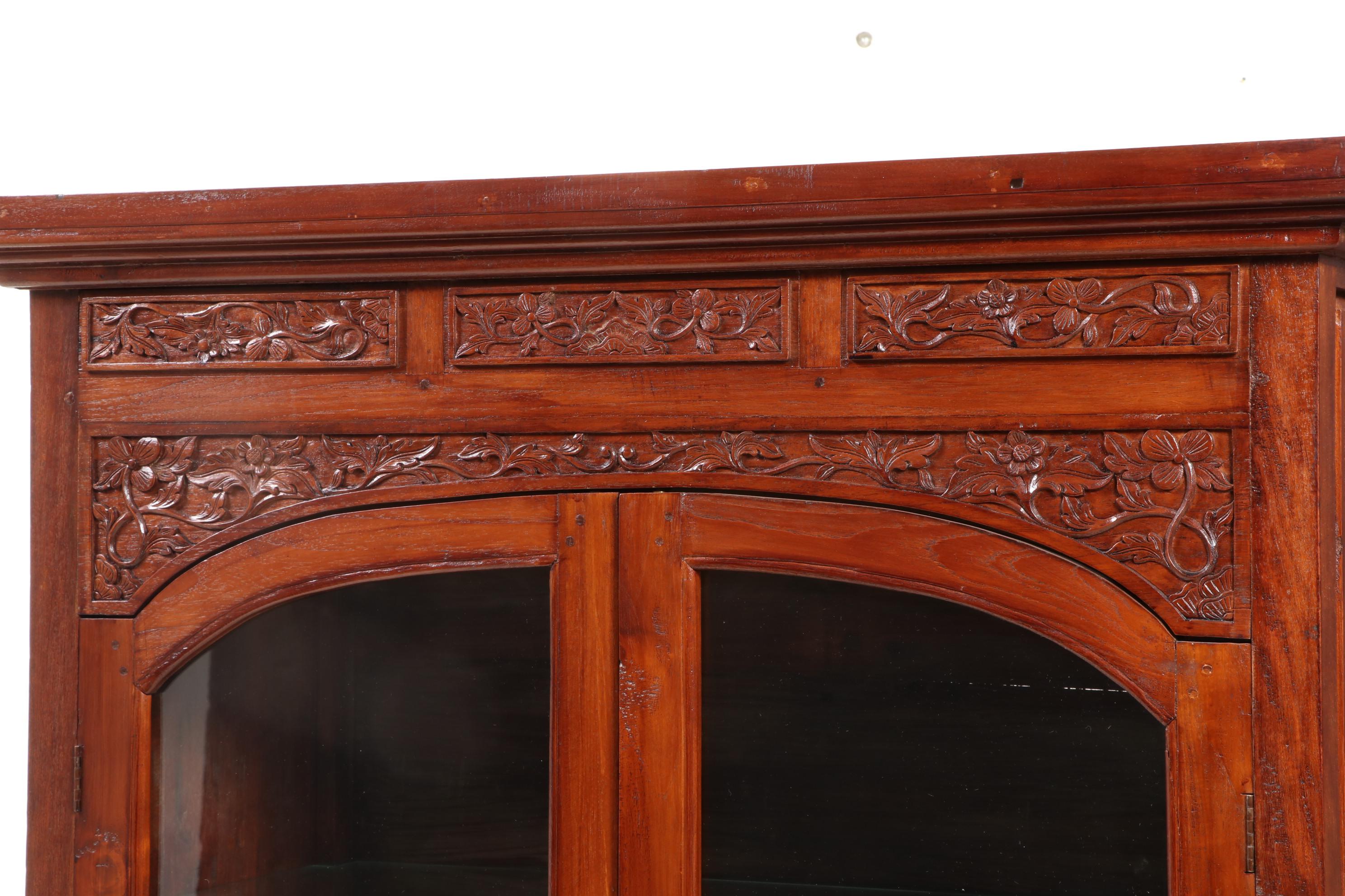 Indonesian Hand Carved Teak Illuminated Display Cabinet