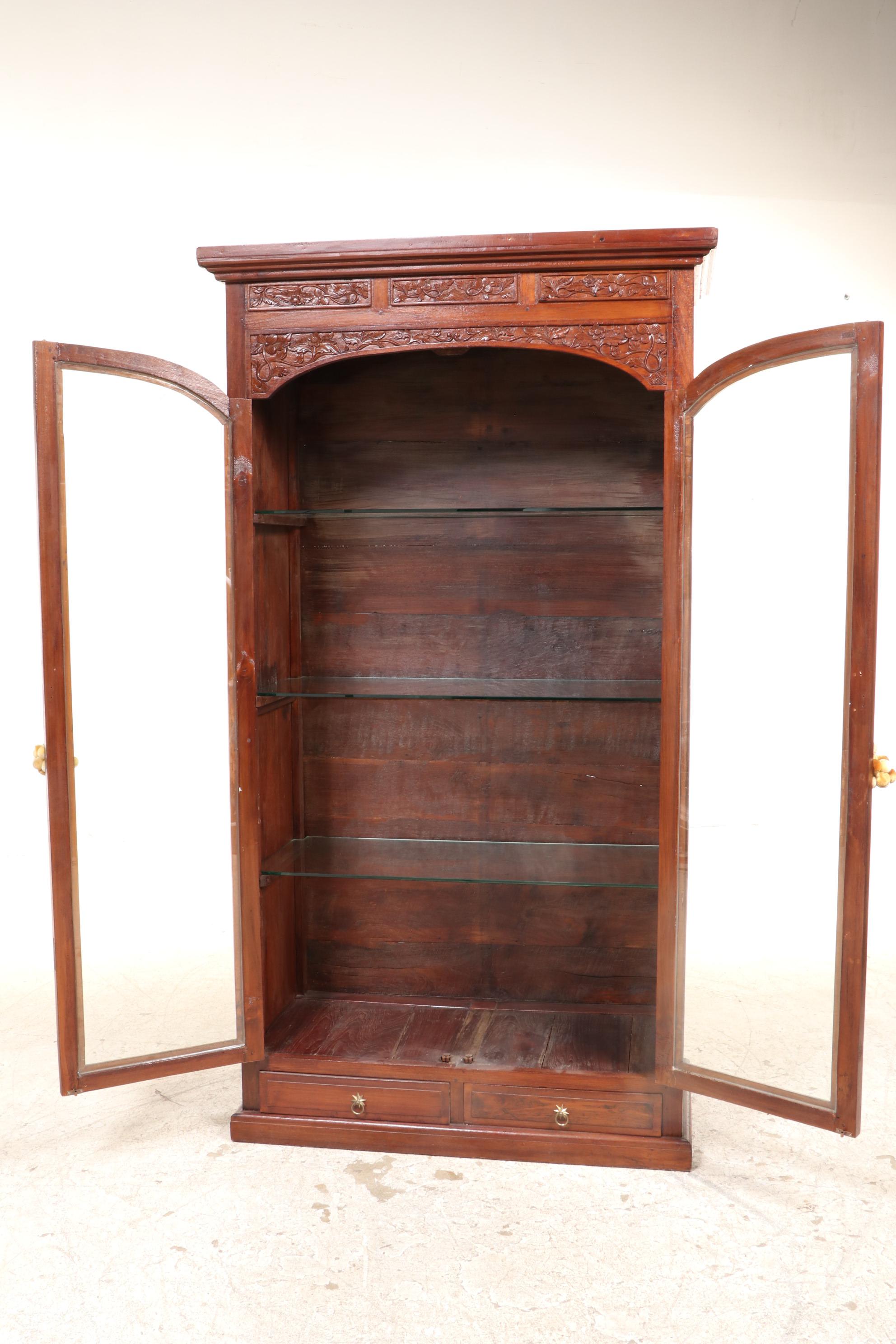 Indonesian Hand Carved Teak Illuminated Display Cabinet