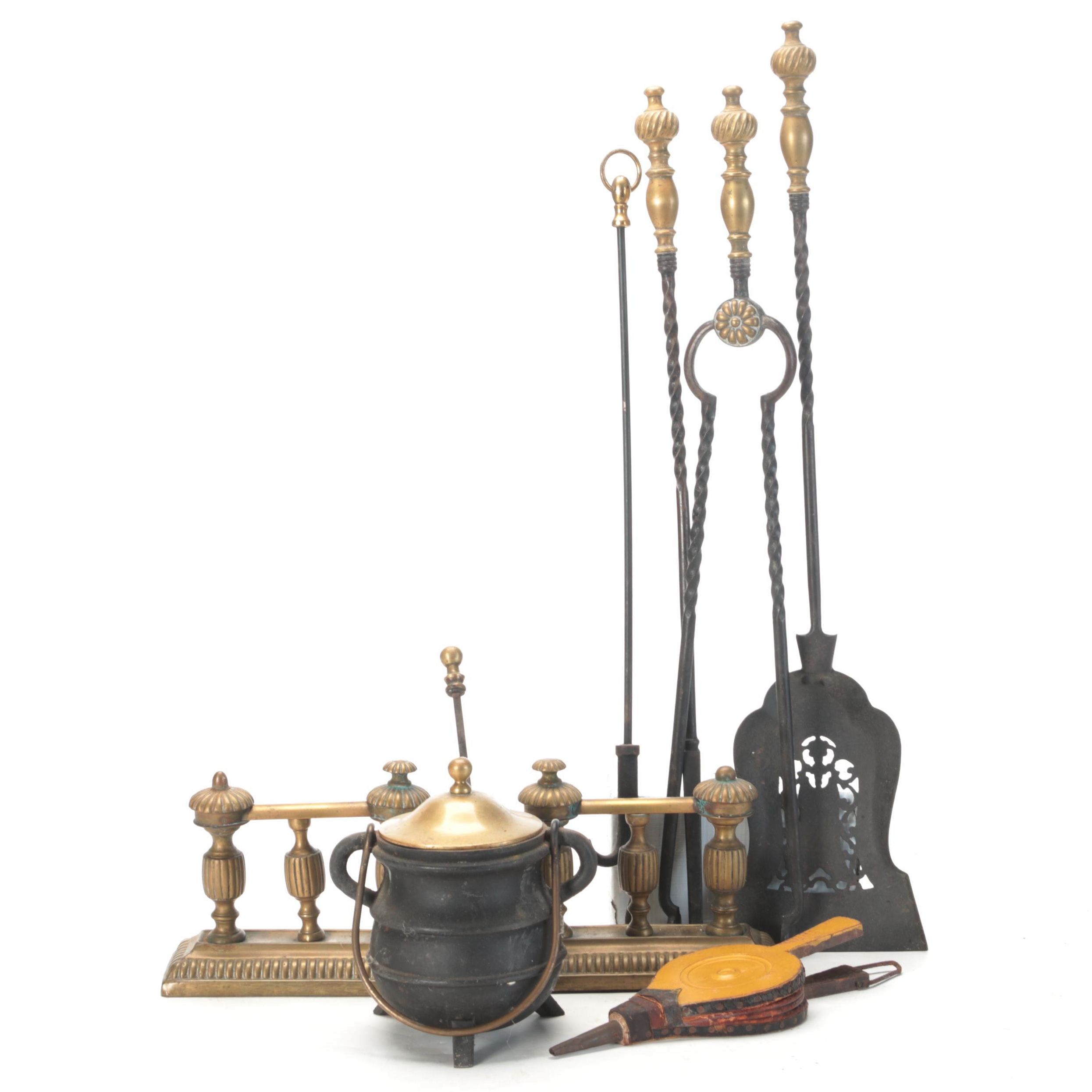 English Regency Style Brass Tool Rests and Other Fireplace Accessories