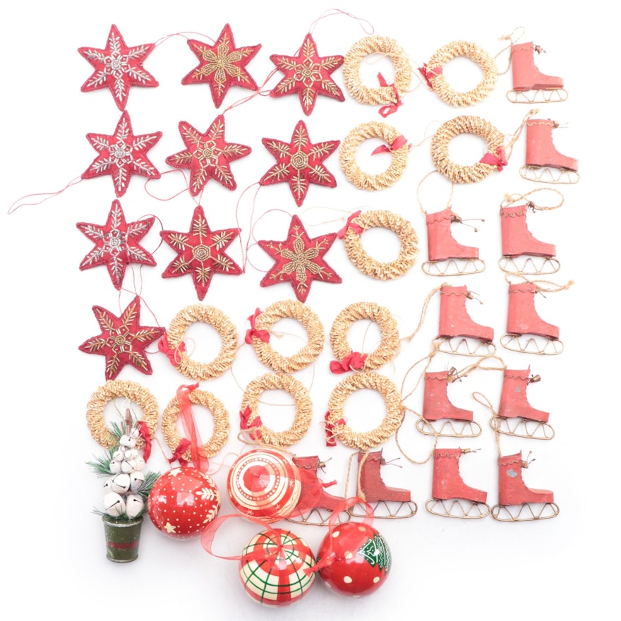 Painted Tole Metal Ice Skate, Beaded Star and Woven Wreath Tree Ornaments