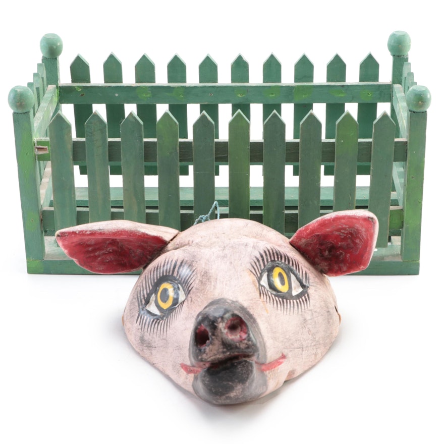 Mexican Folk Art Polychrome Wood Pig Mask with Picket Fence Planter Box