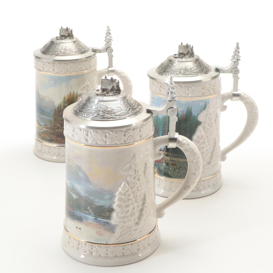 Thomas Kinkade "Woodland Retreat" Collection Stoneware Beer Steins