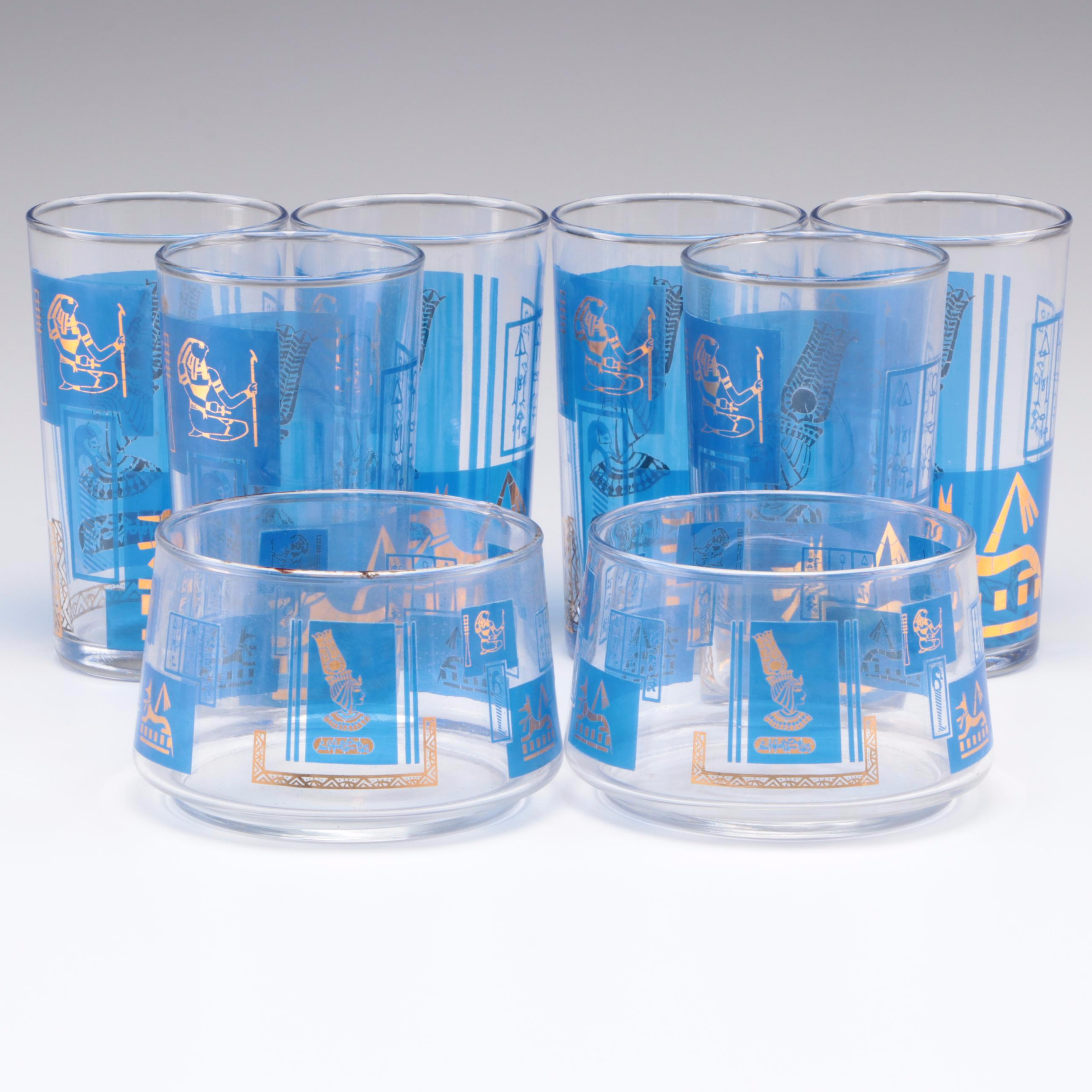 Mid Century Modern Egyptian Lapis Blue and Gilt Glass Tumblers and Bowls