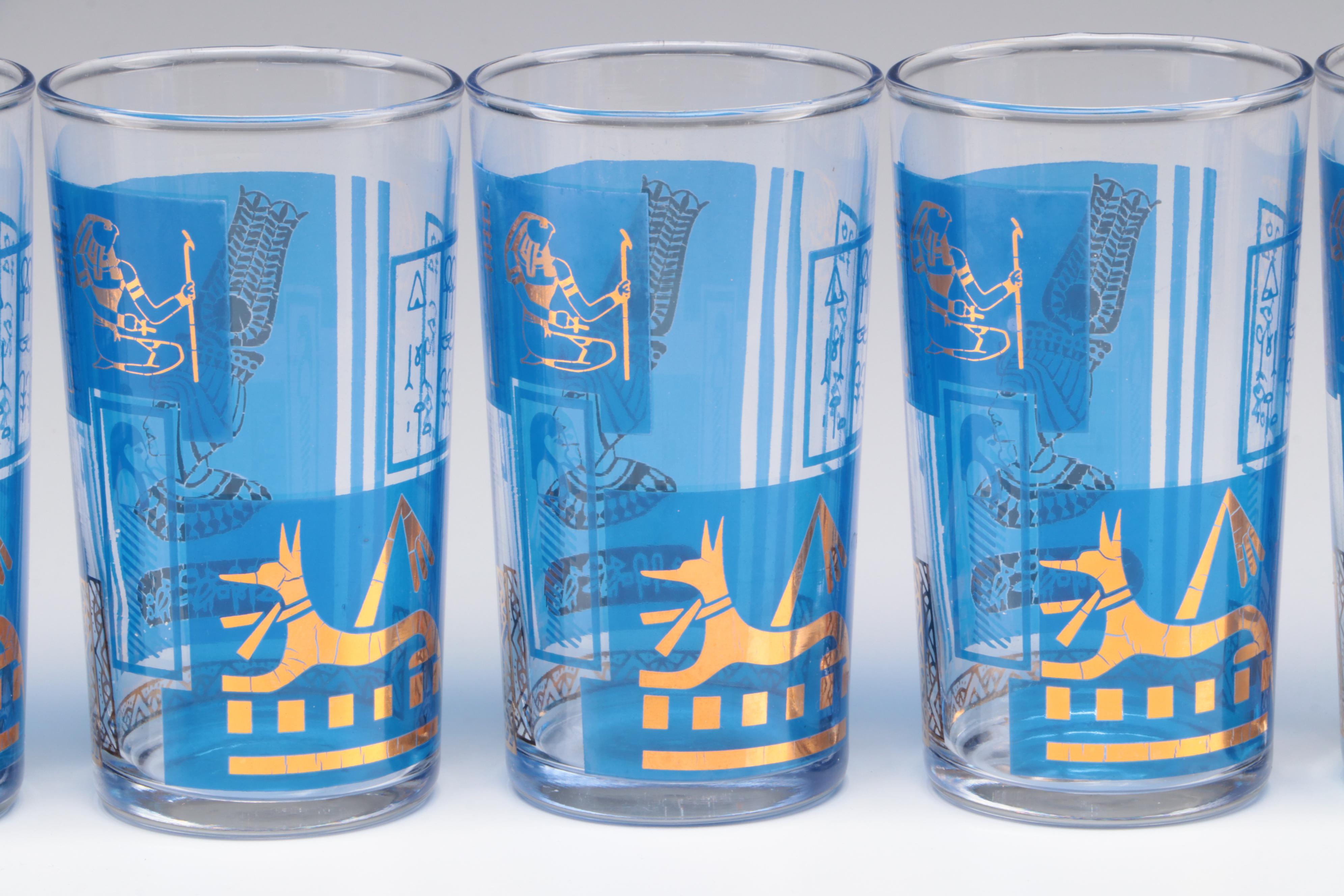 Mid Century Modern Egyptian Lapis Blue and Gilt Glass Tumblers and Bowls