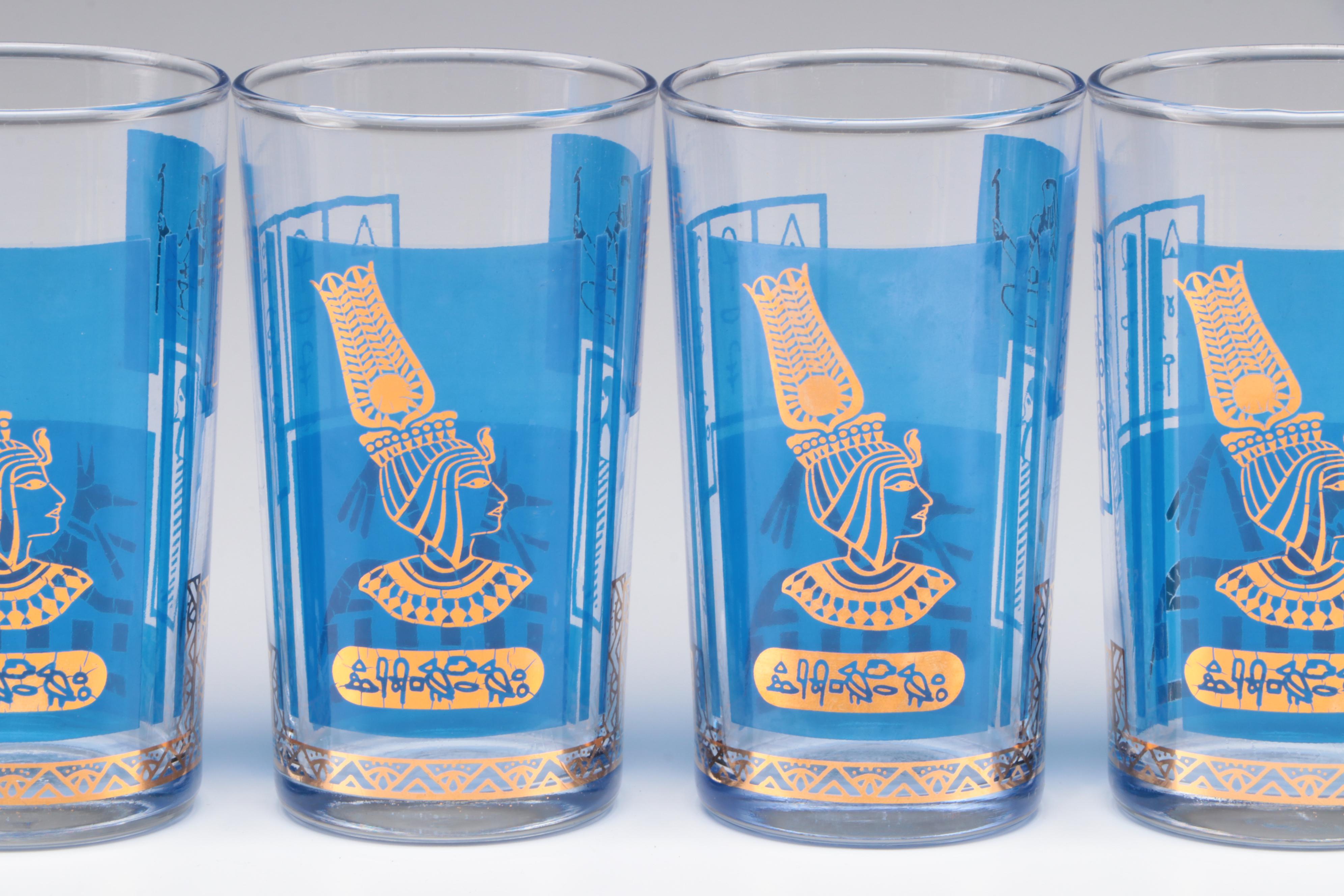 Mid Century Modern Egyptian Lapis Blue and Gilt Glass Tumblers and Bowls