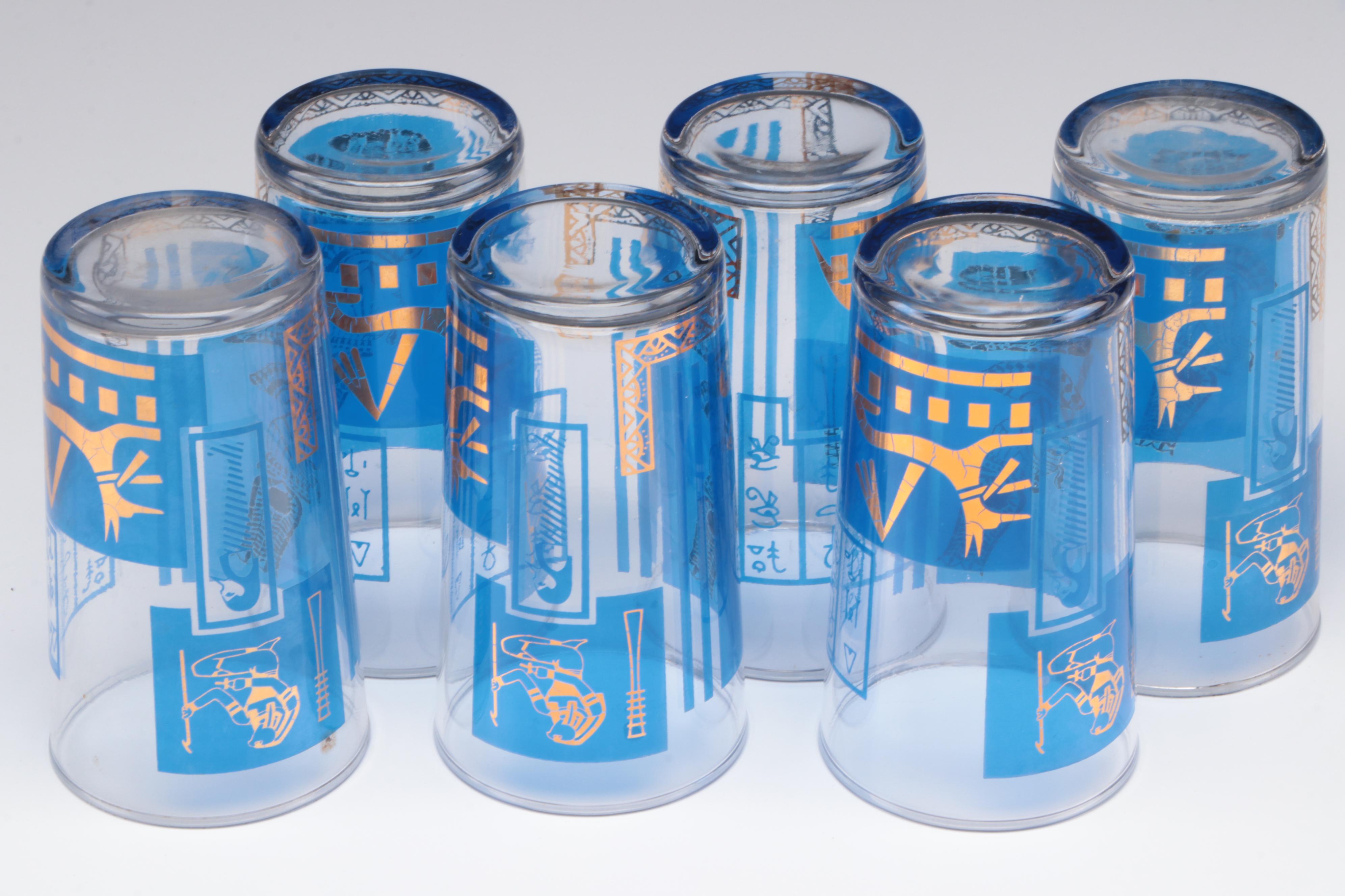 Mid Century Modern Egyptian Lapis Blue and Gilt Glass Tumblers and Bowls