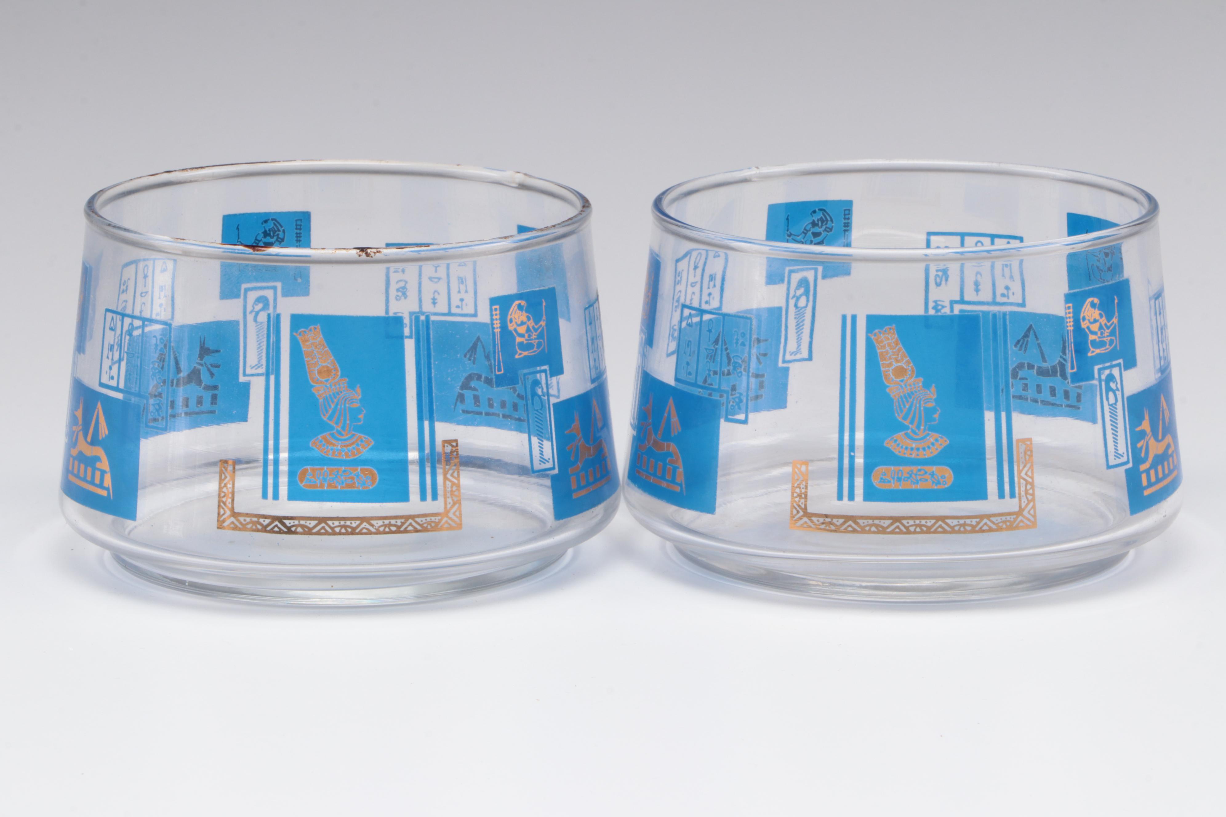 Mid Century Modern Egyptian Lapis Blue and Gilt Glass Tumblers and Bowls