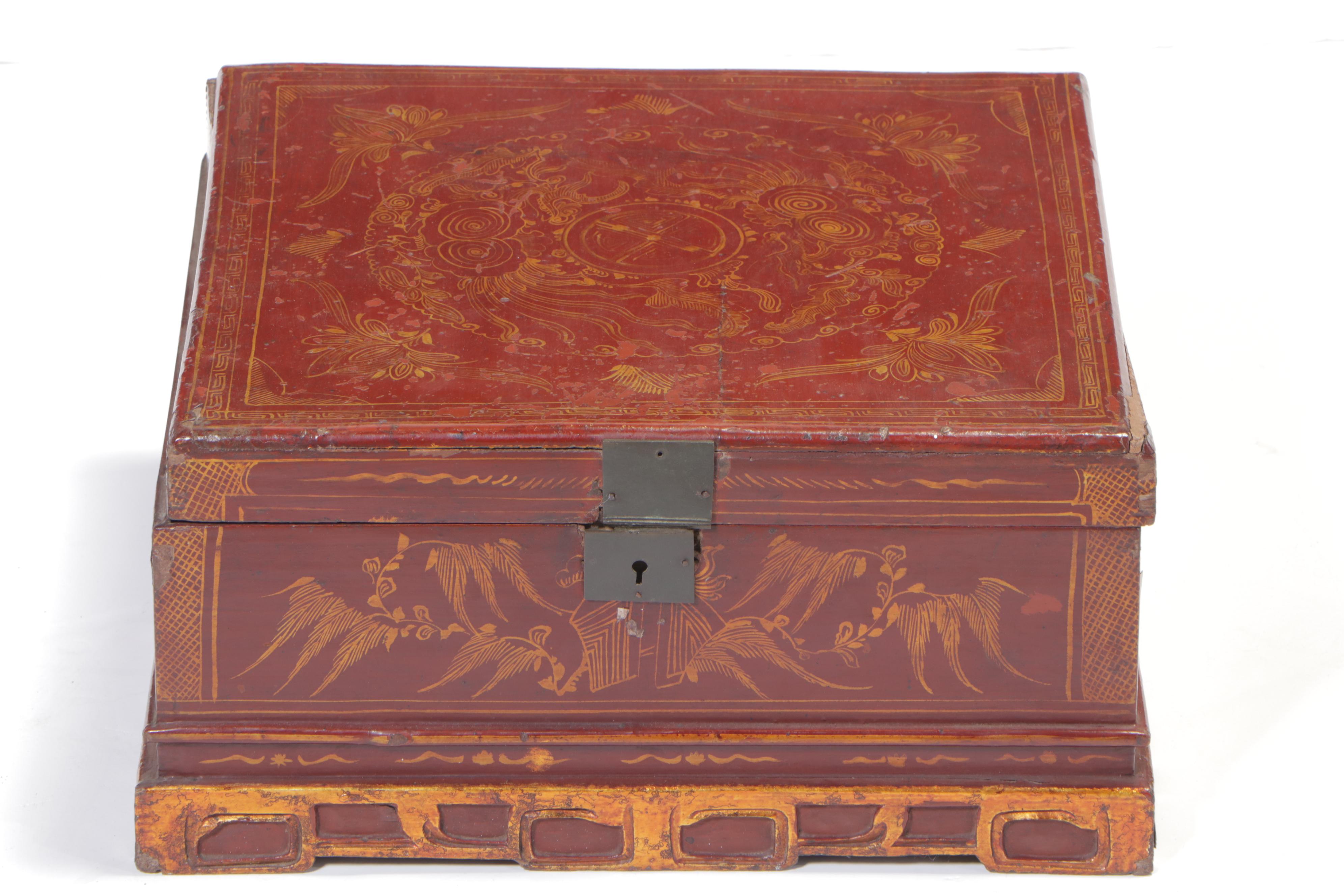 Vietnamese Red Lacquer Box with Hand-Painted Gold Leaf Details