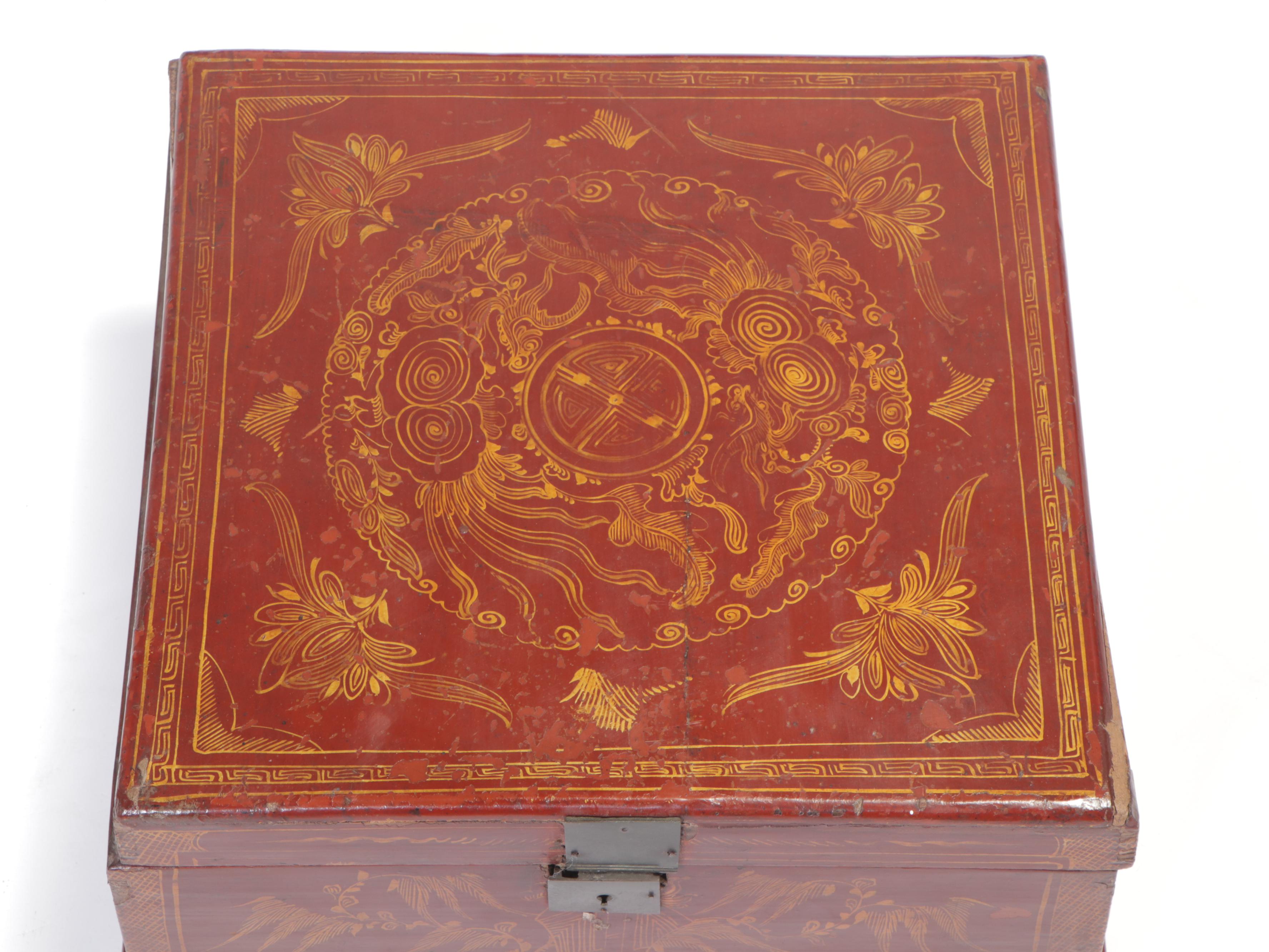 Vietnamese Red Lacquer Box with Hand-Painted Gold Leaf Details