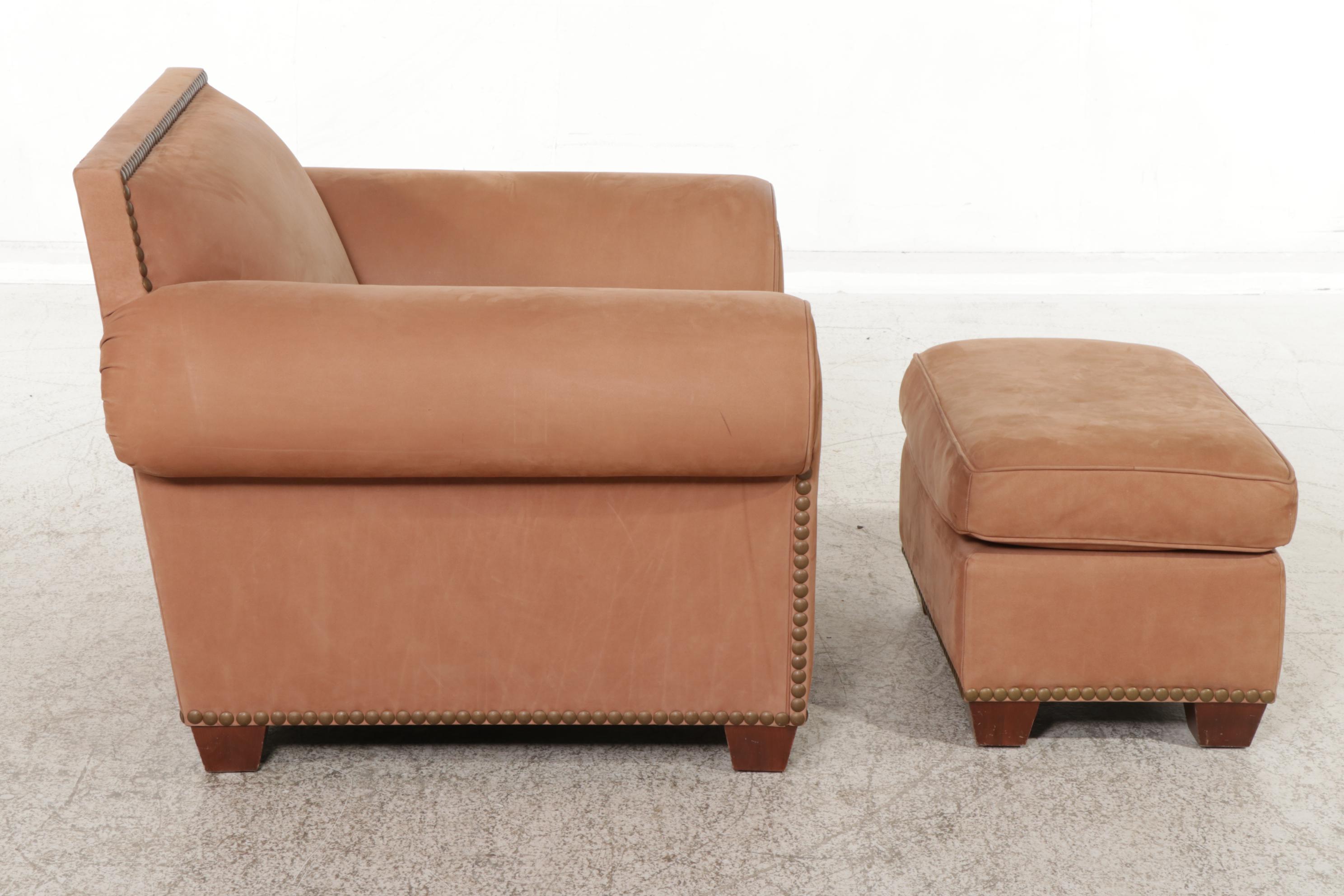 Albert Vivo Brass-Tacked Leather Lounge Chair and Ottoman