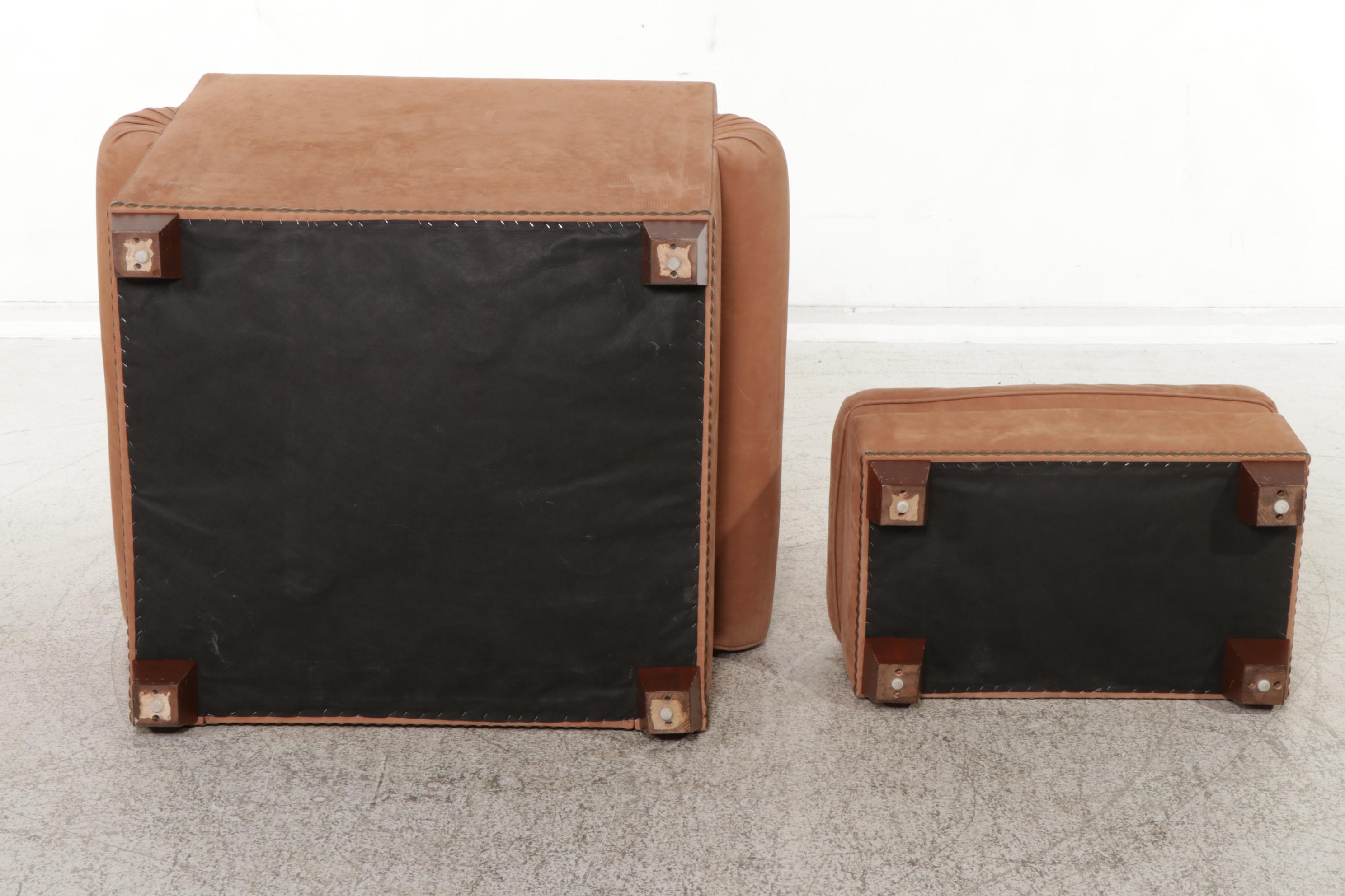 Albert Vivo Brass-Tacked Leather Lounge Chair and Ottoman