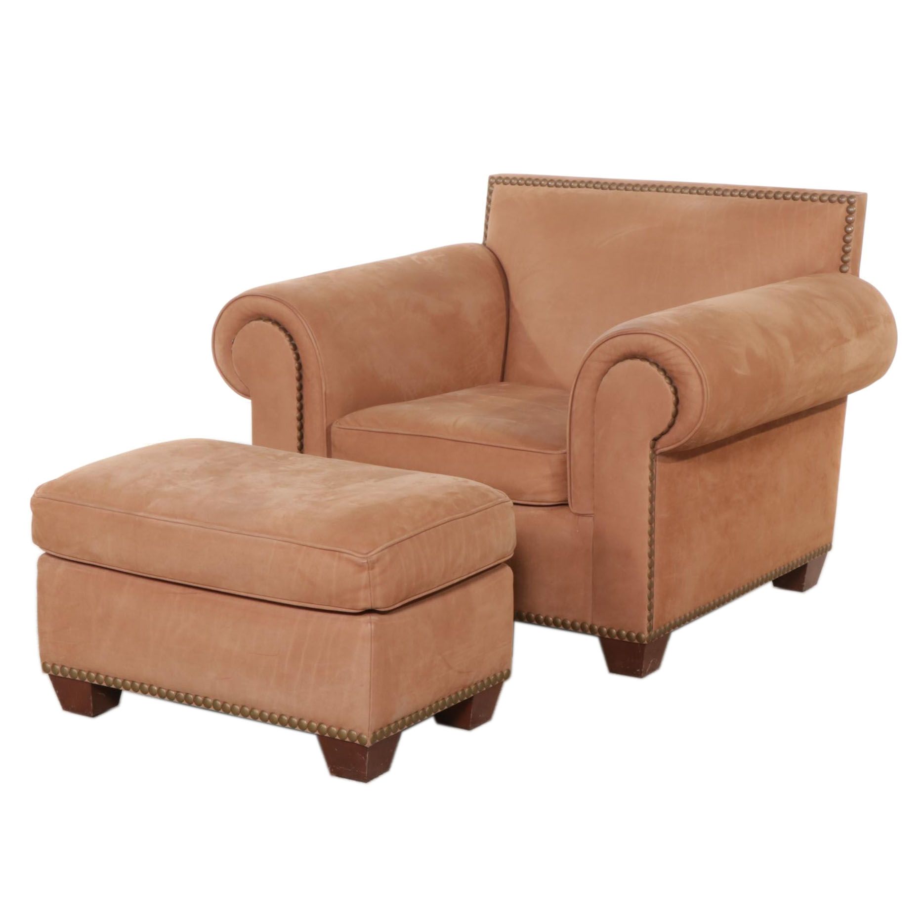Albert Vivo Brass-Tacked Leather Lounge Chair and Ottoman