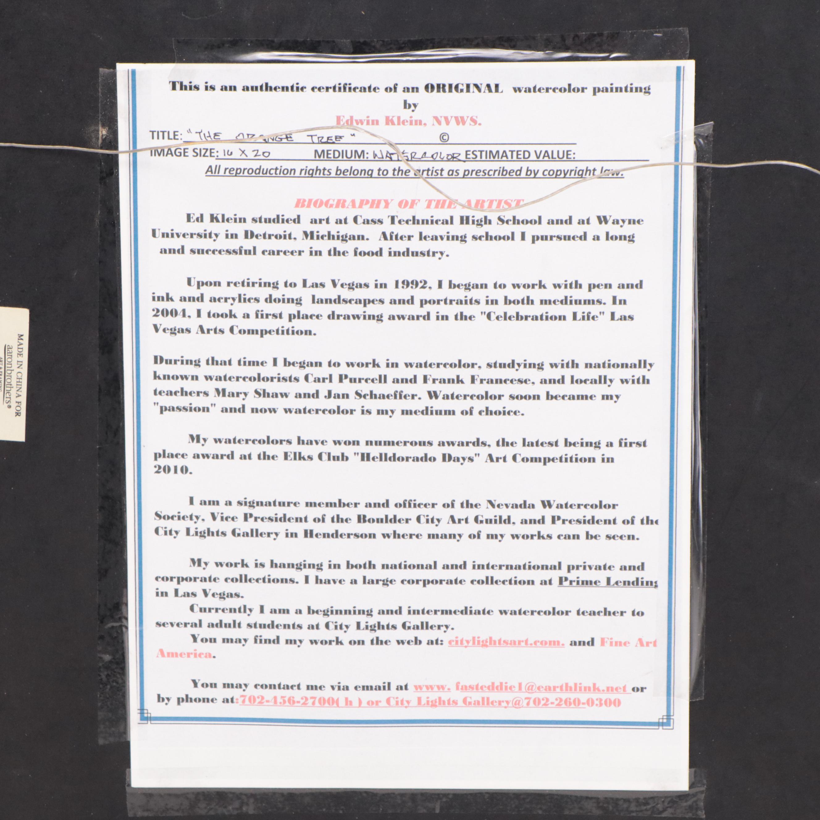 Ed Klein Watercolor Painting "The Orange Tree," 2003