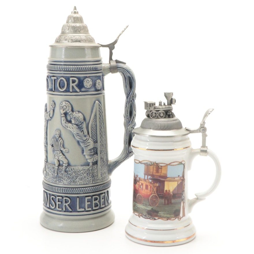 German Molded Stoneware and Porcelain Beer Steins