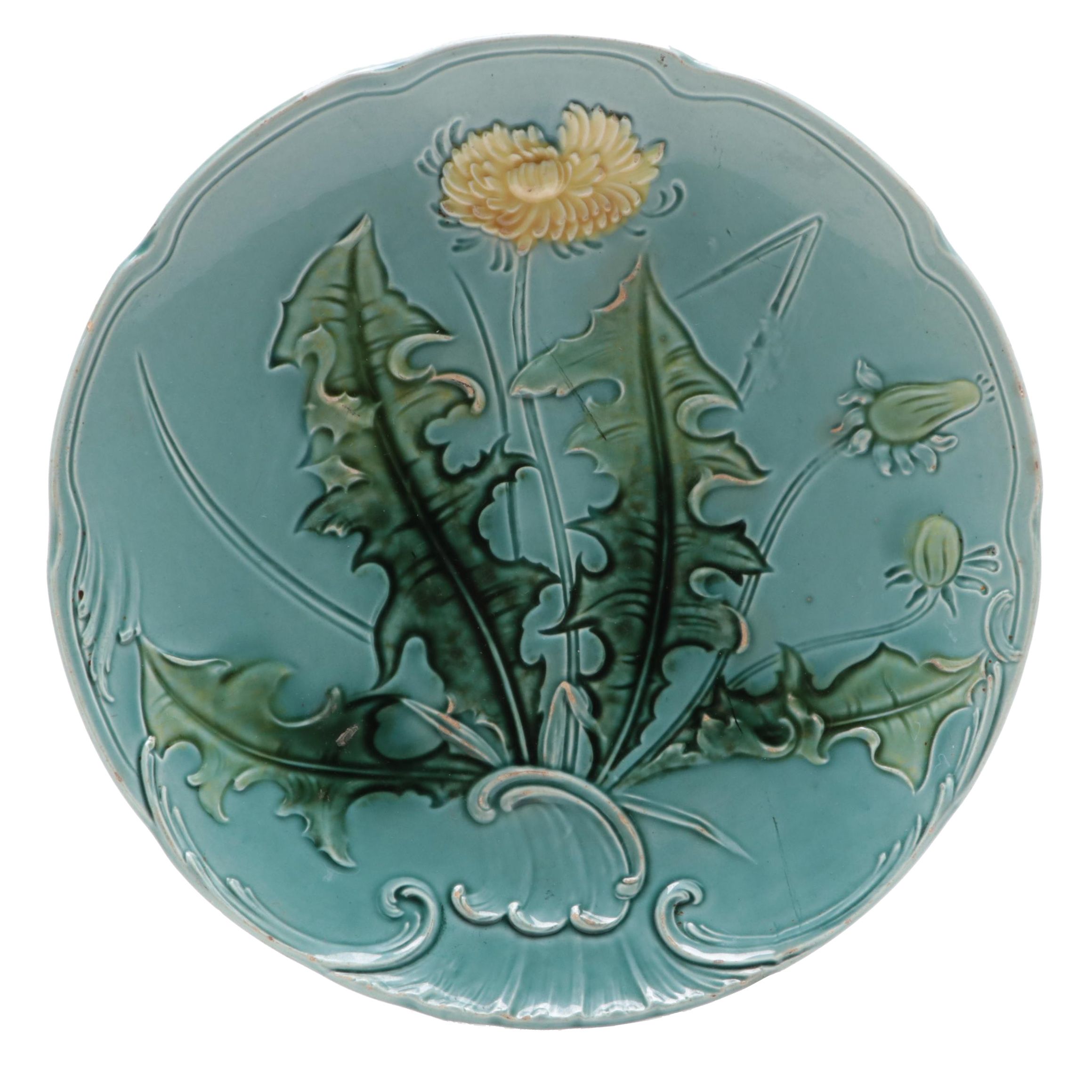 Zell German Majolica Dandelion Plate, Late 19th to Early 20th Century