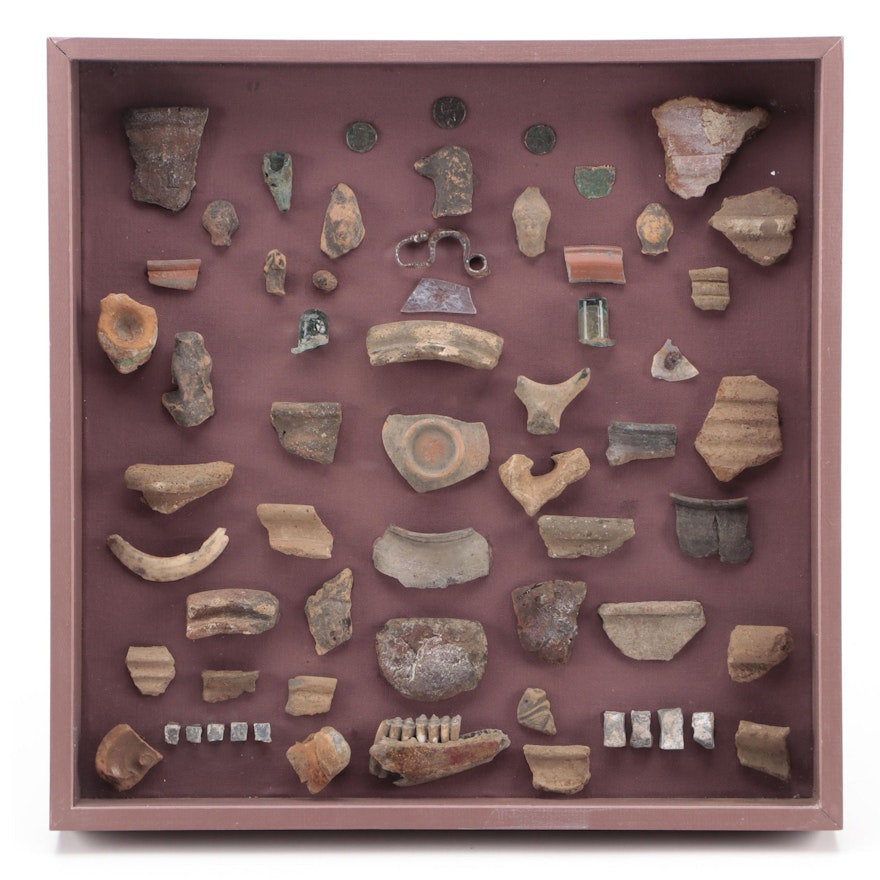 Framed Shadowbox with Fragments of Ancient Pottery, Bone, Coins, Other Objects