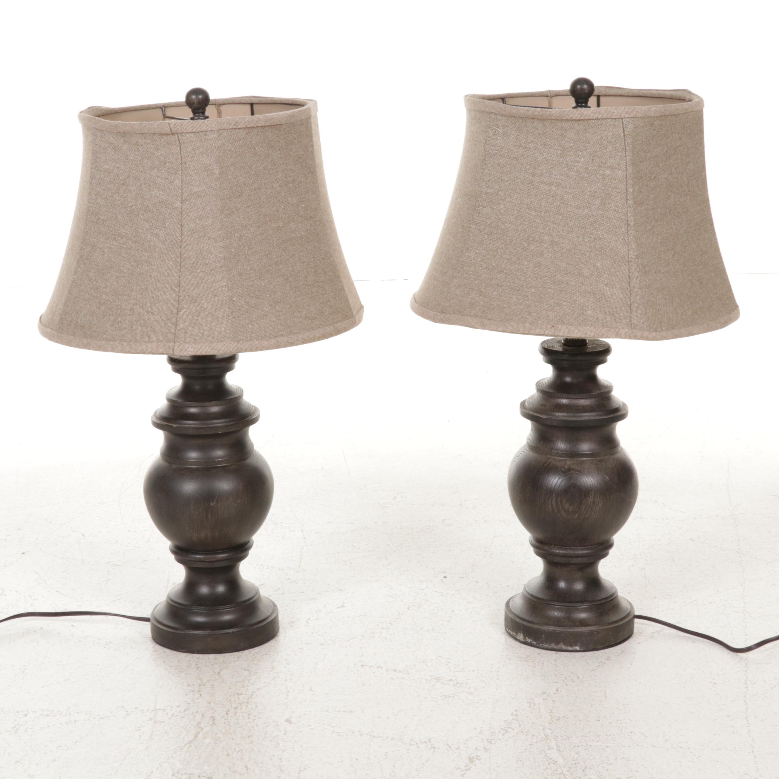 Pair of Wood Grain Pattern Table Lamps and Wall Clock, Contemporary