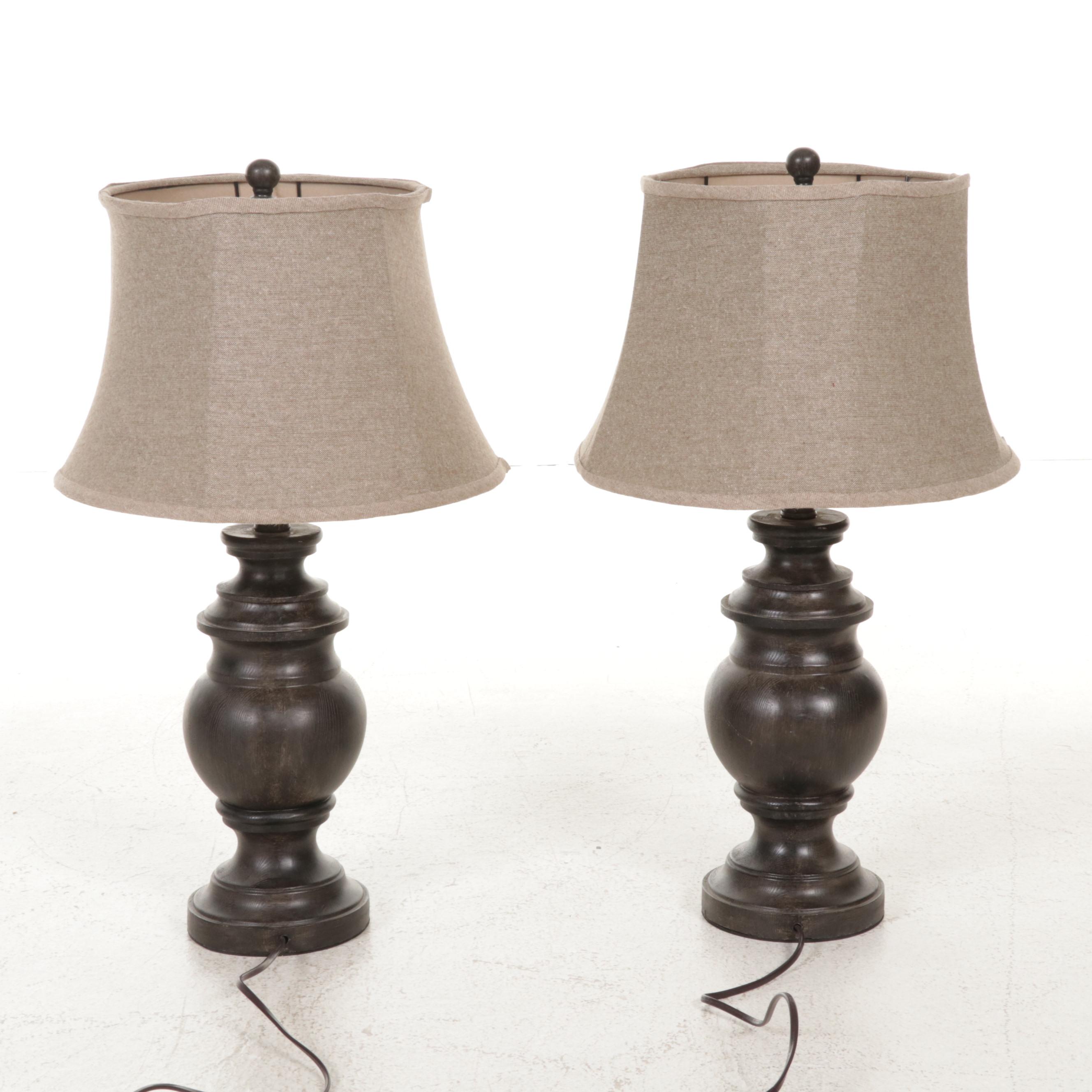 Pair of Wood Grain Pattern Table Lamps and Wall Clock, Contemporary