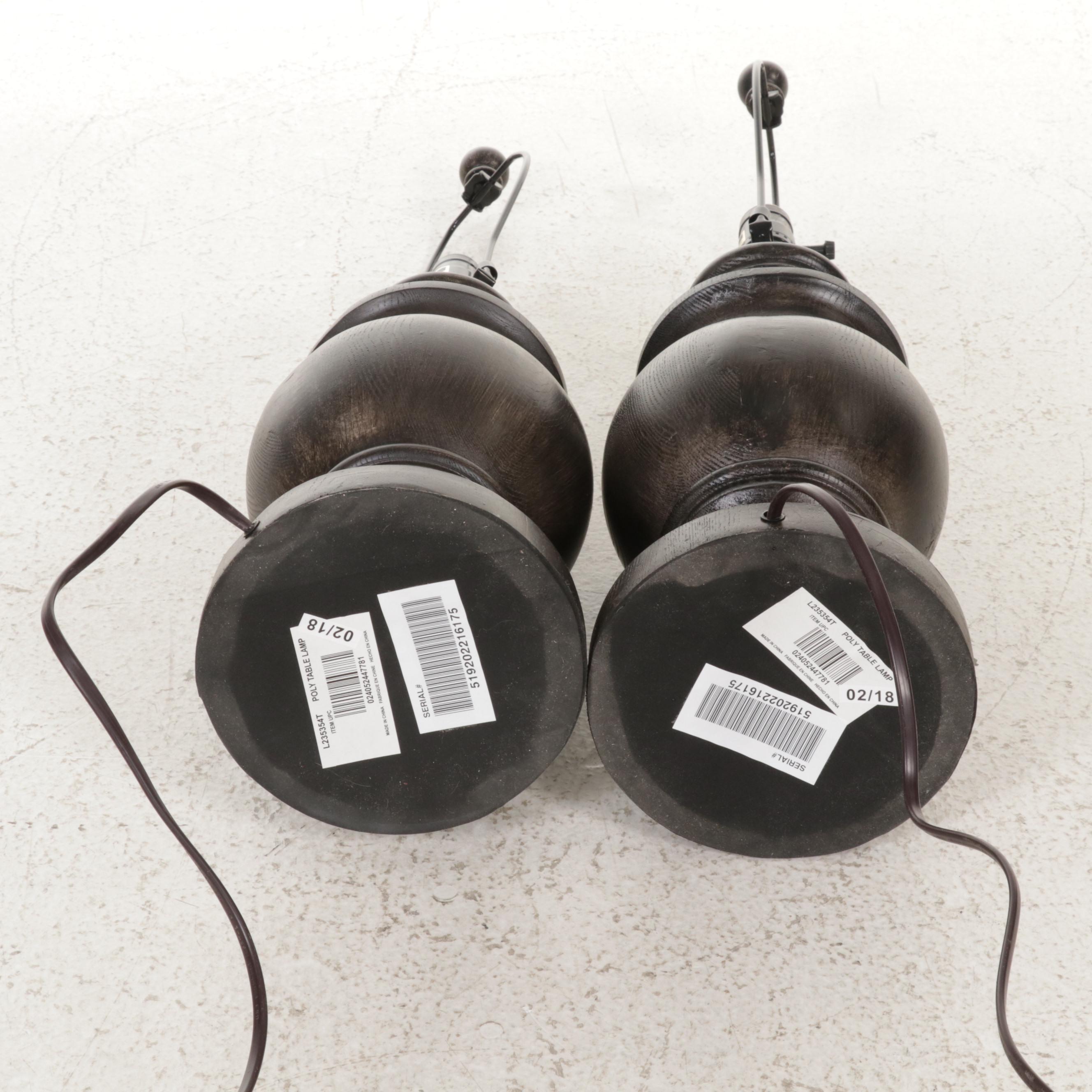 Pair of Wood Grain Pattern Table Lamps and Wall Clock, Contemporary