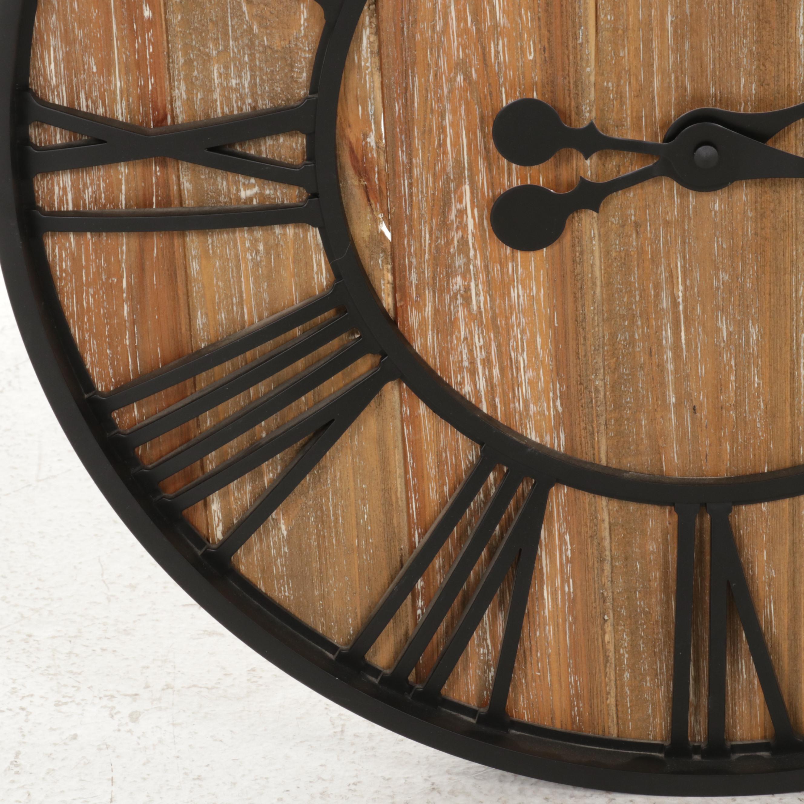 Pair of Wood Grain Pattern Table Lamps and Wall Clock, Contemporary