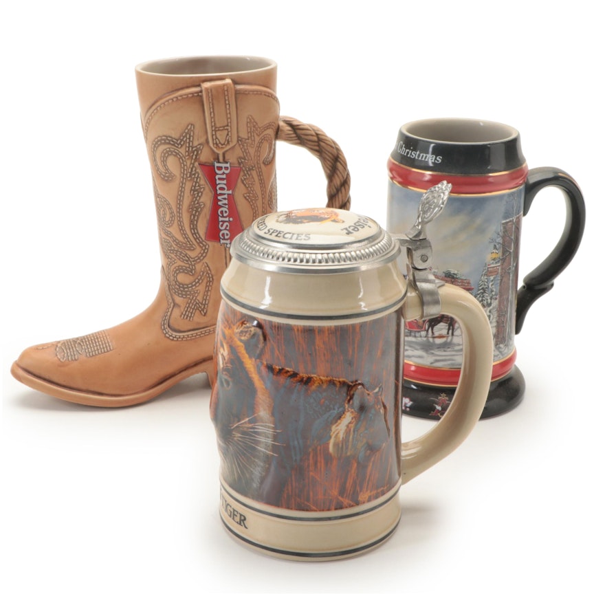 Anheuser-Busch Budweiser Boot Stein with Endangered Animals, Holiday Beer Steins