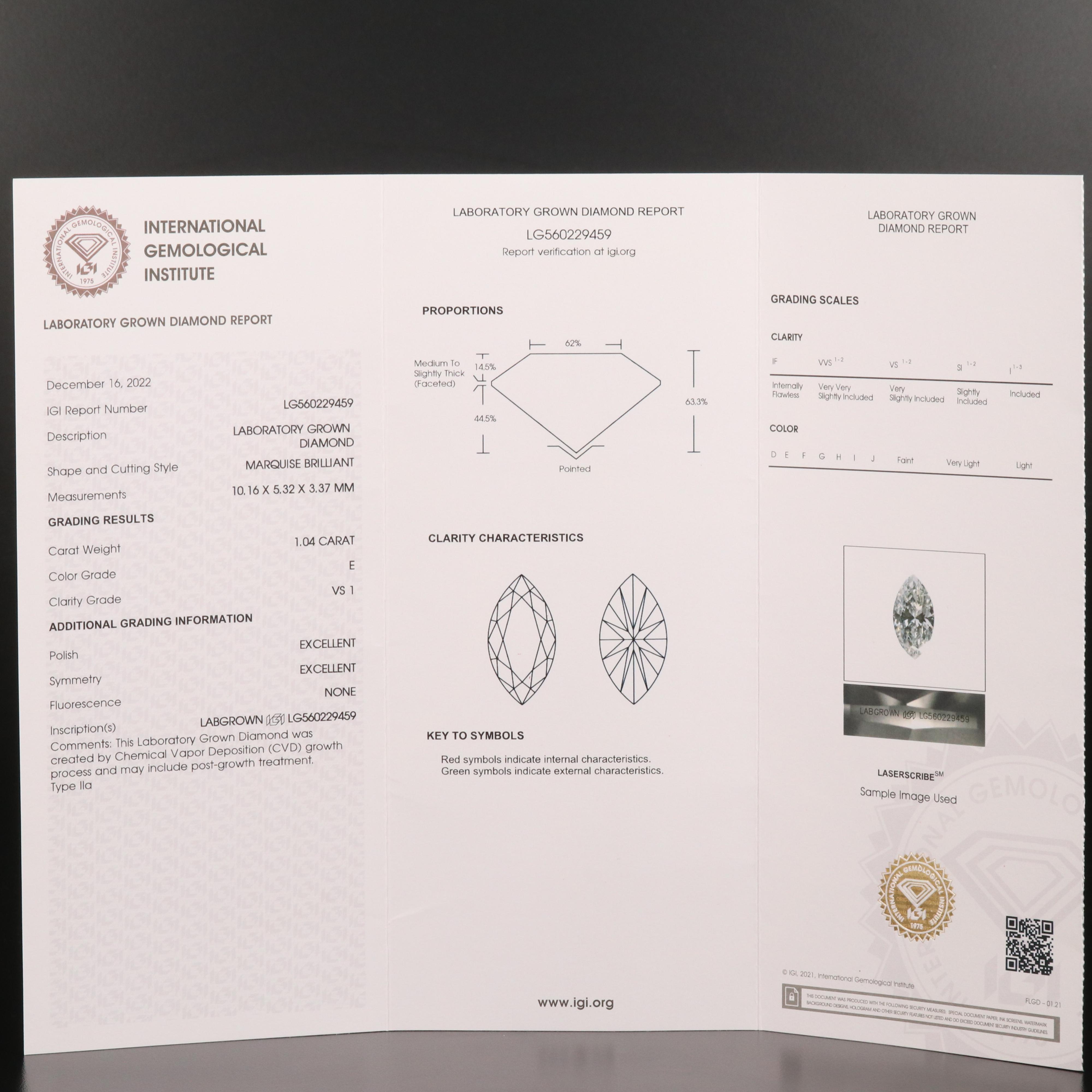 Loose 1.04 CT Lab Grown Diamond with IGI Report