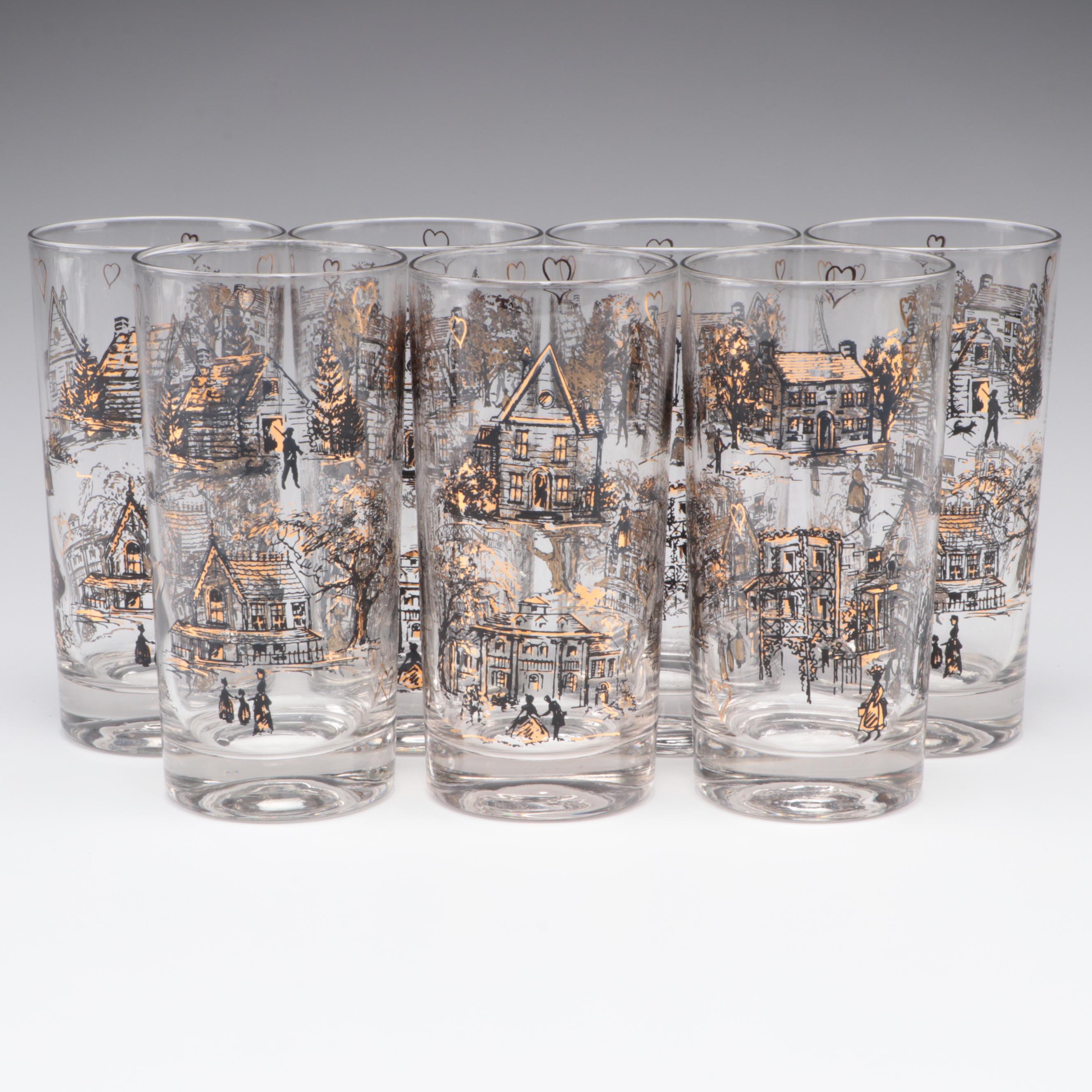 Mid Century Modern Style Gilt House Motif Glass Tumblers, Mid to Late 20th C.