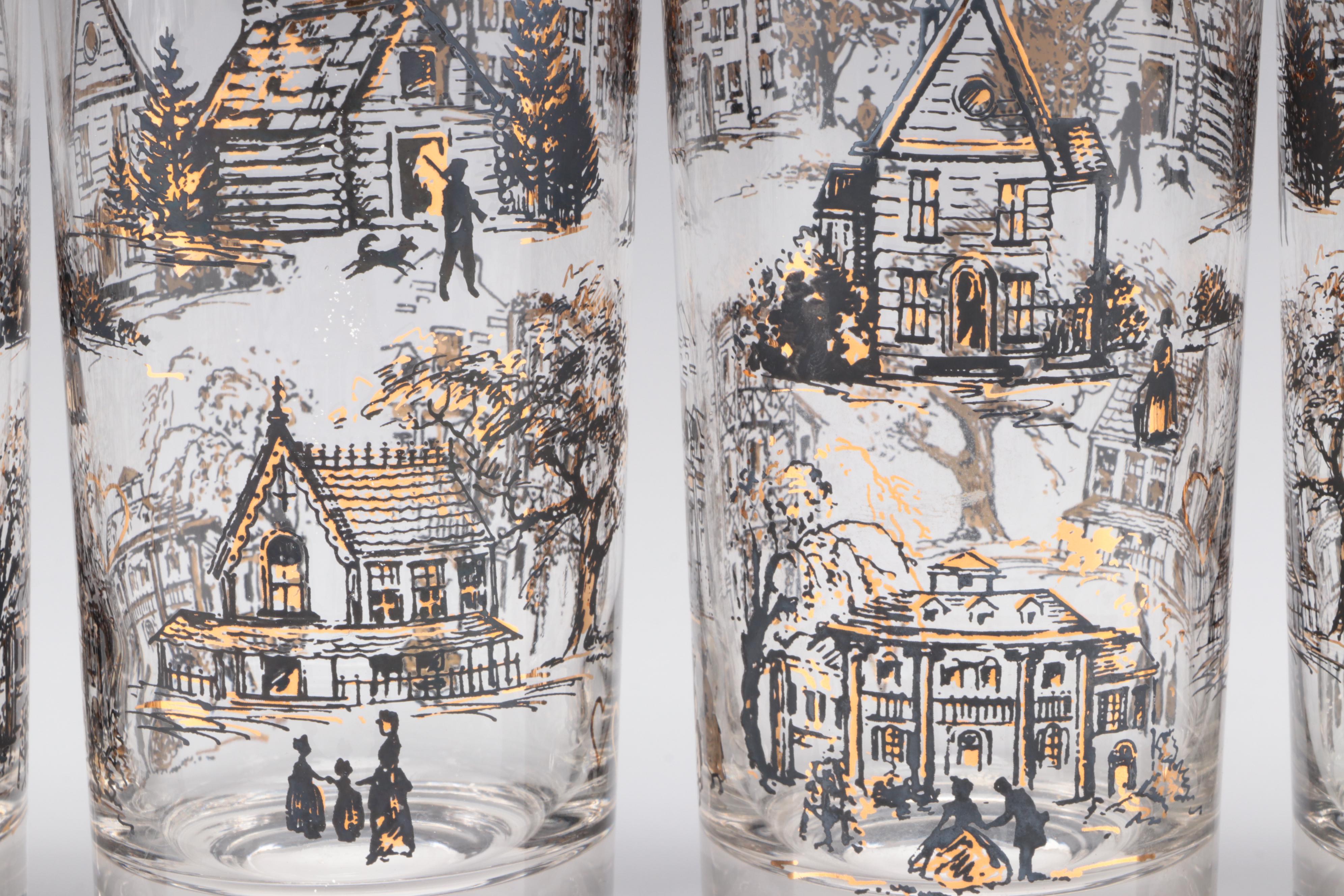 Mid Century Modern Style Gilt House Motif Glass Tumblers, Mid to Late 20th C.