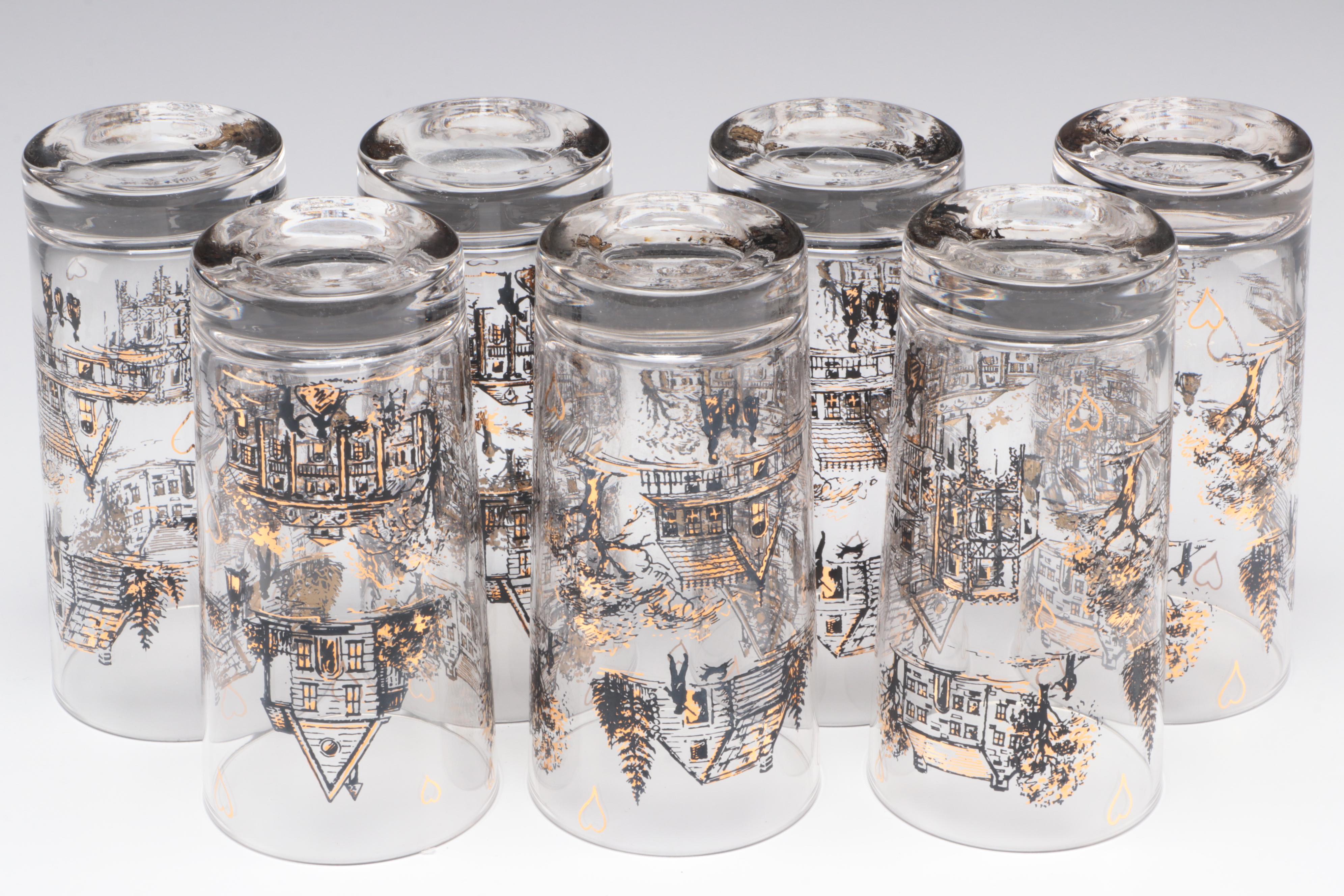 Mid Century Modern Style Gilt House Motif Glass Tumblers, Mid to Late 20th C.