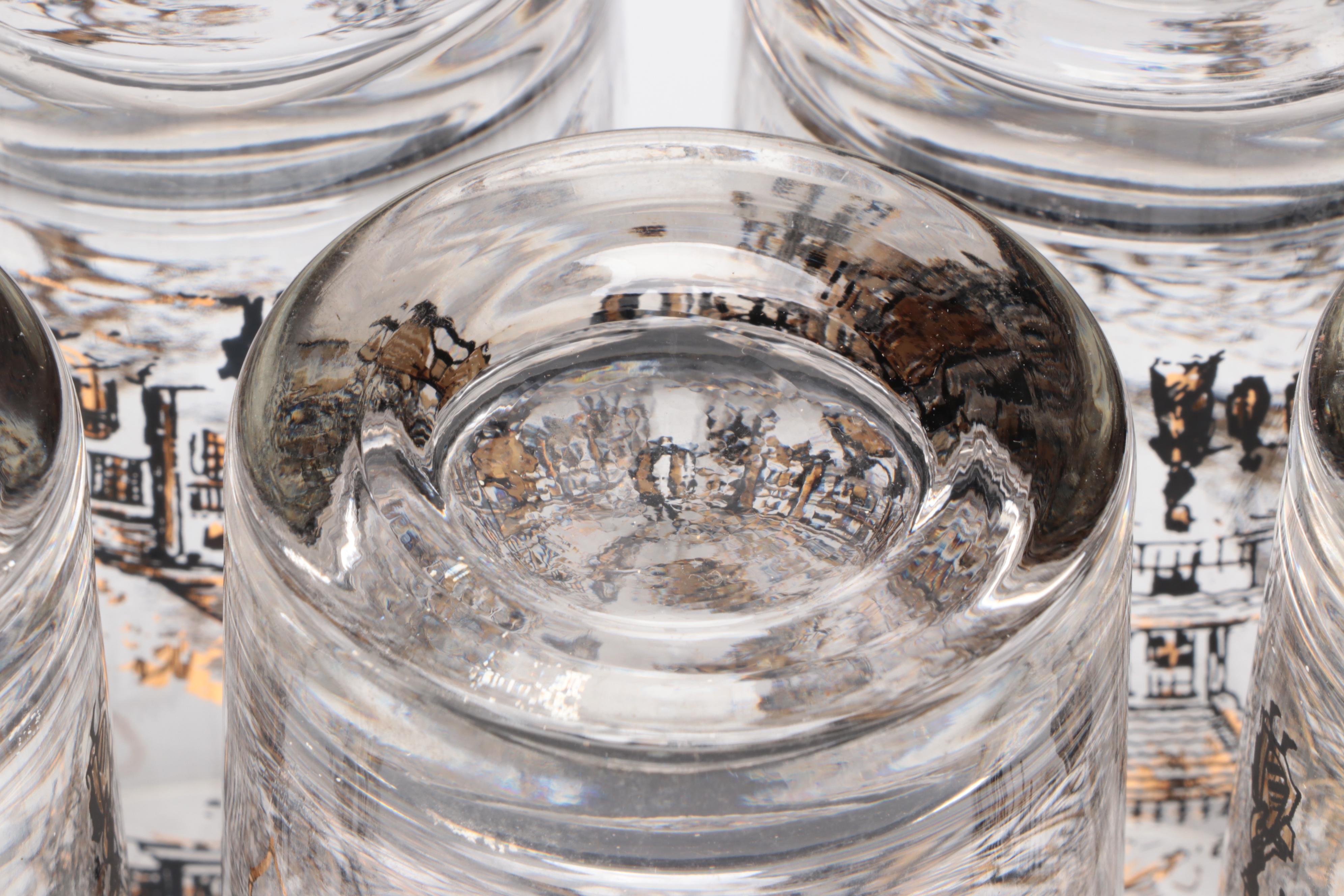 Mid Century Modern Style Gilt House Motif Glass Tumblers, Mid to Late 20th C.