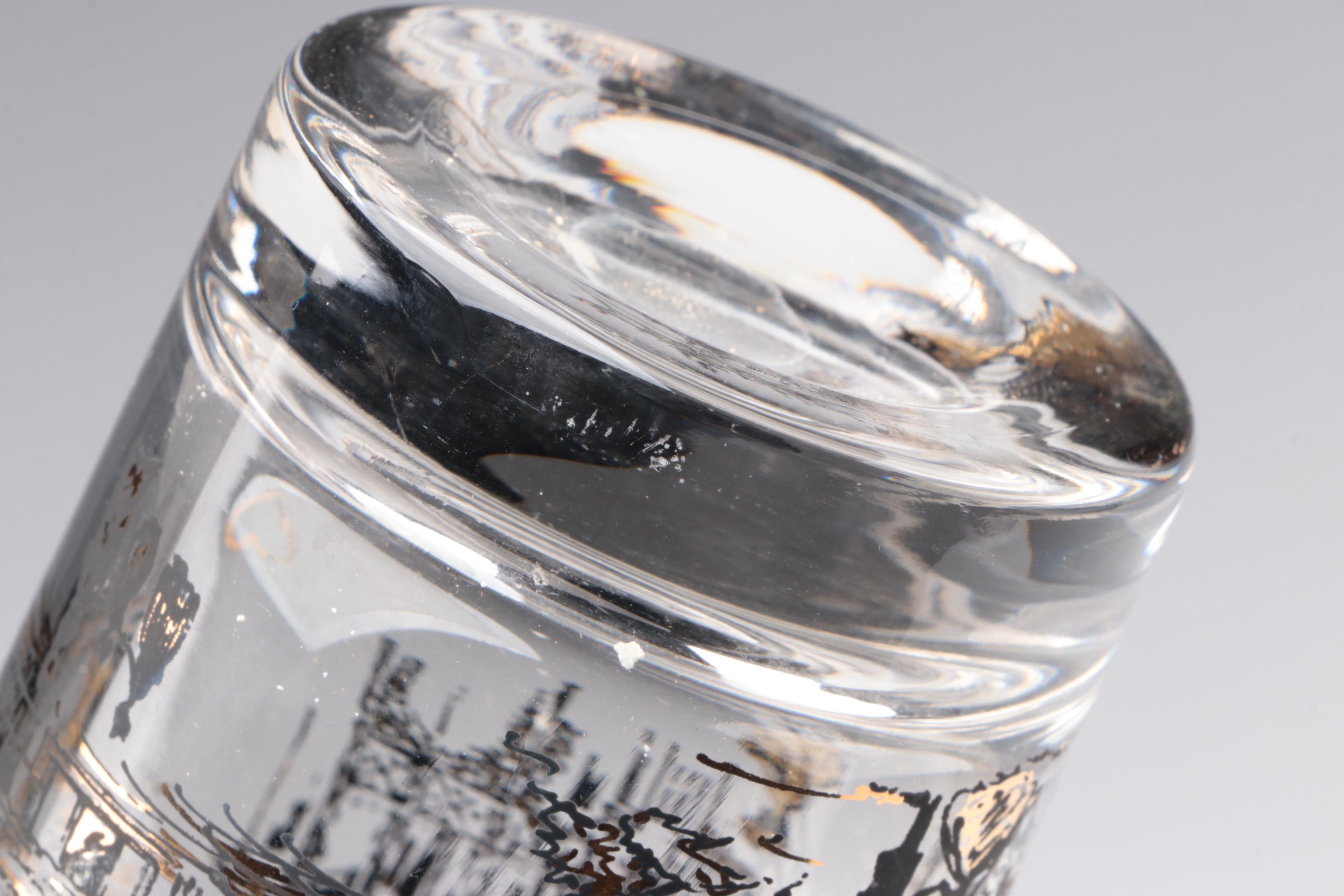 Mid Century Modern Style Gilt House Motif Glass Tumblers, Mid to Late 20th C.