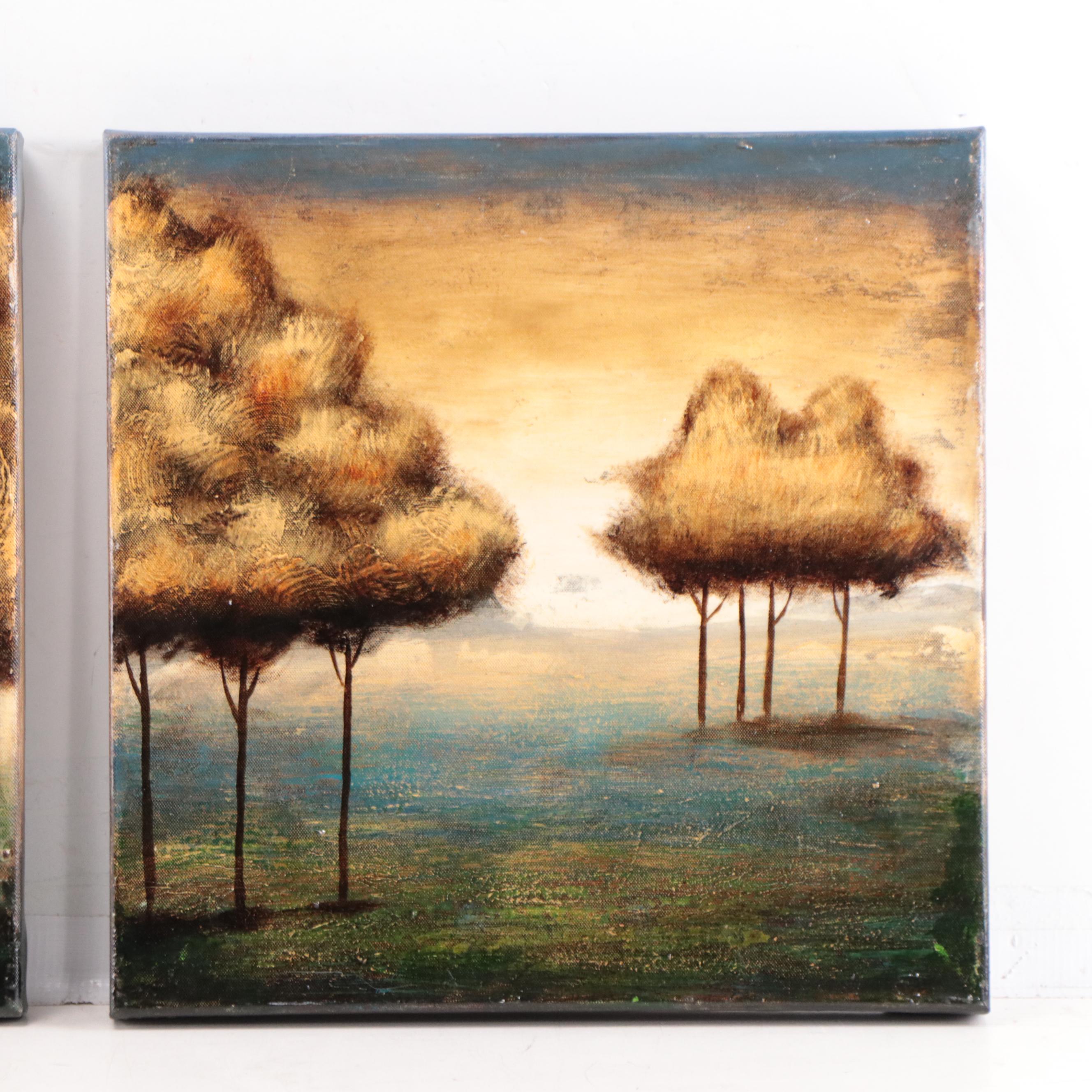 Triptych Acrylic Painting of Autumn Trees, 21st Century