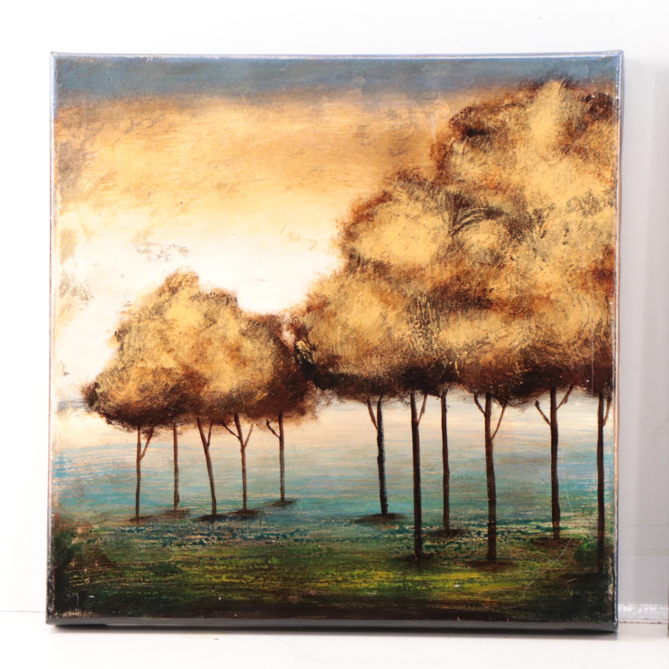 Triptych Acrylic Painting of Autumn Trees, 21st Century