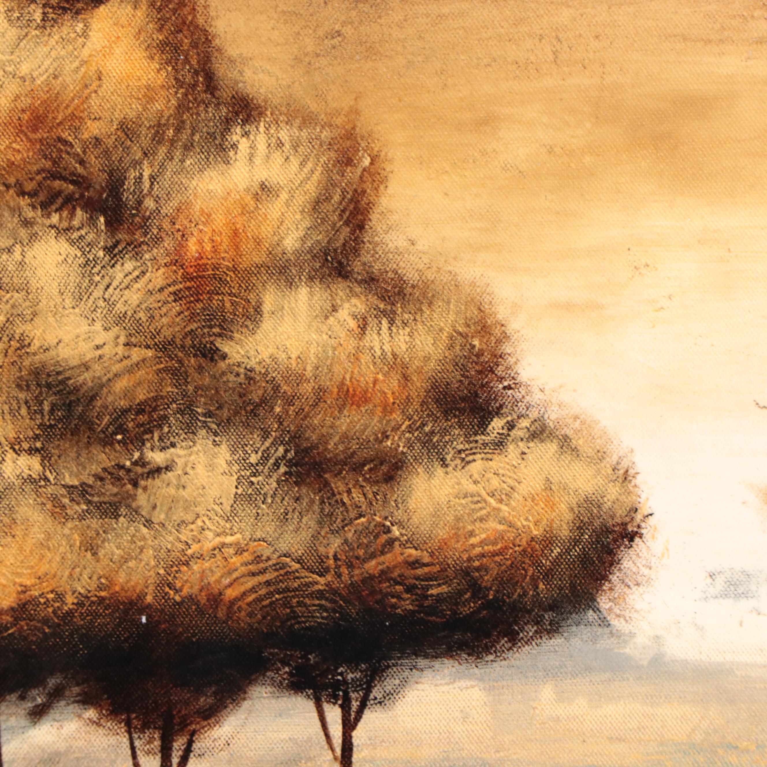 Triptych Acrylic Painting of Autumn Trees, 21st Century