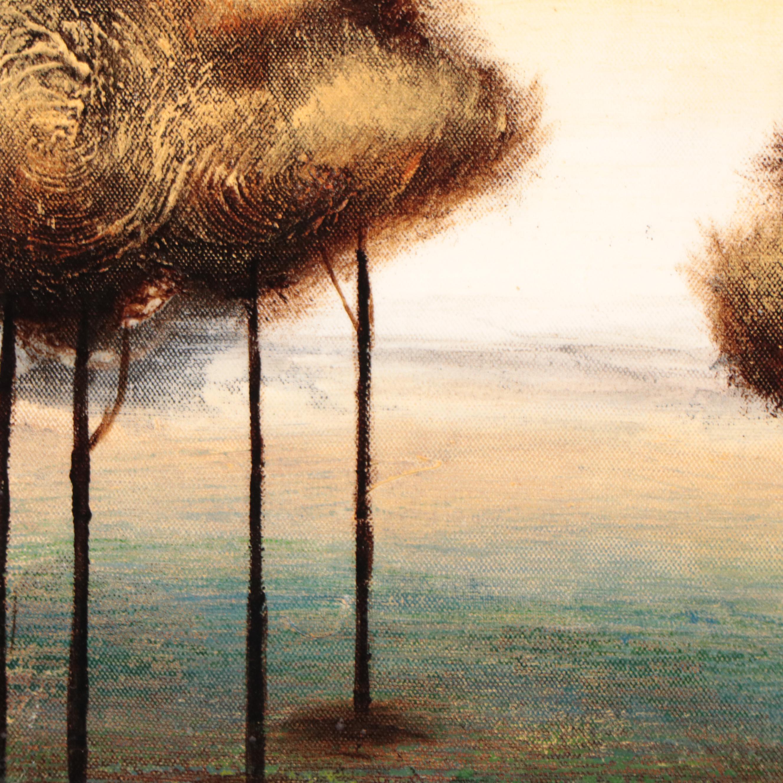 Triptych Acrylic Painting of Autumn Trees, 21st Century