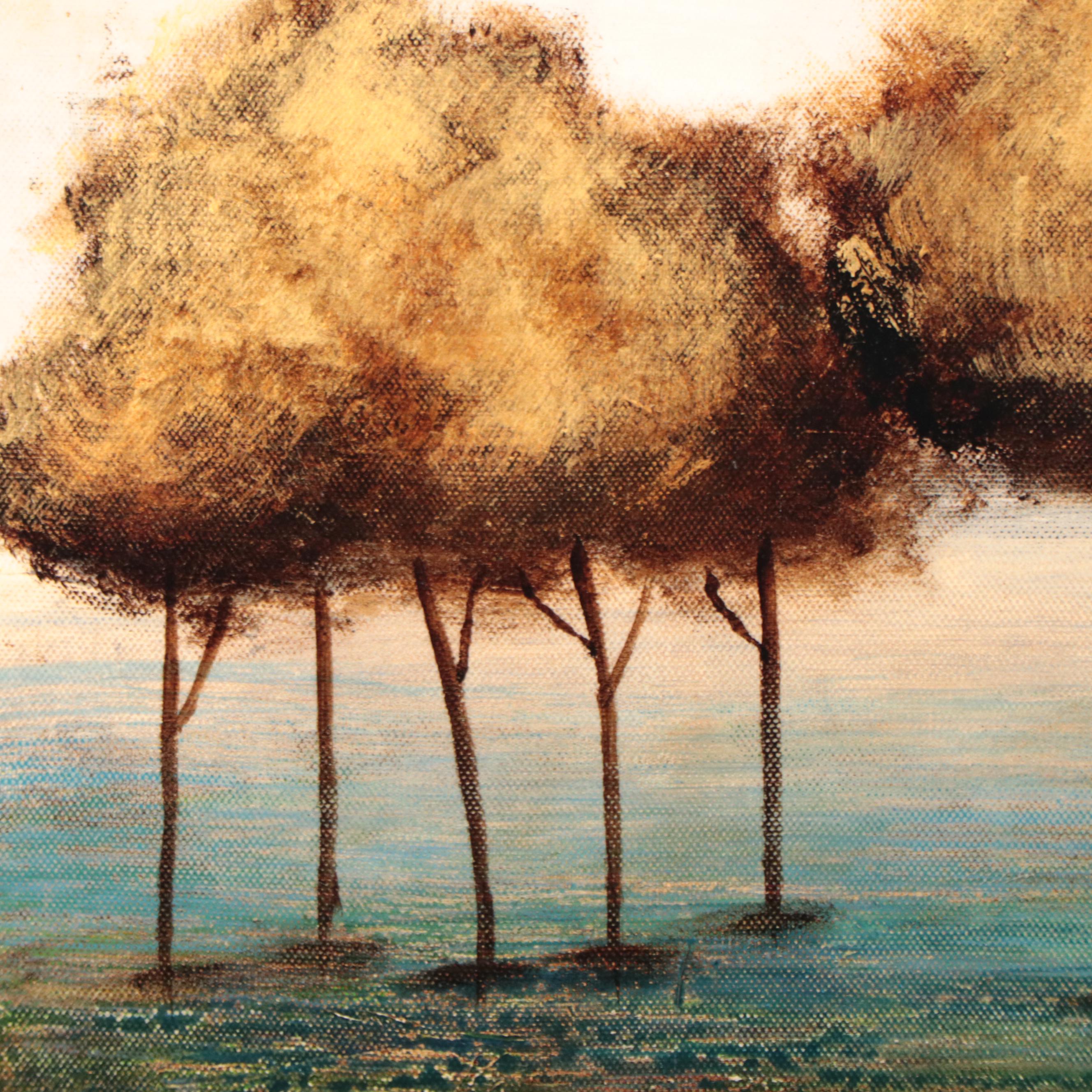 Triptych Acrylic Painting of Autumn Trees, 21st Century