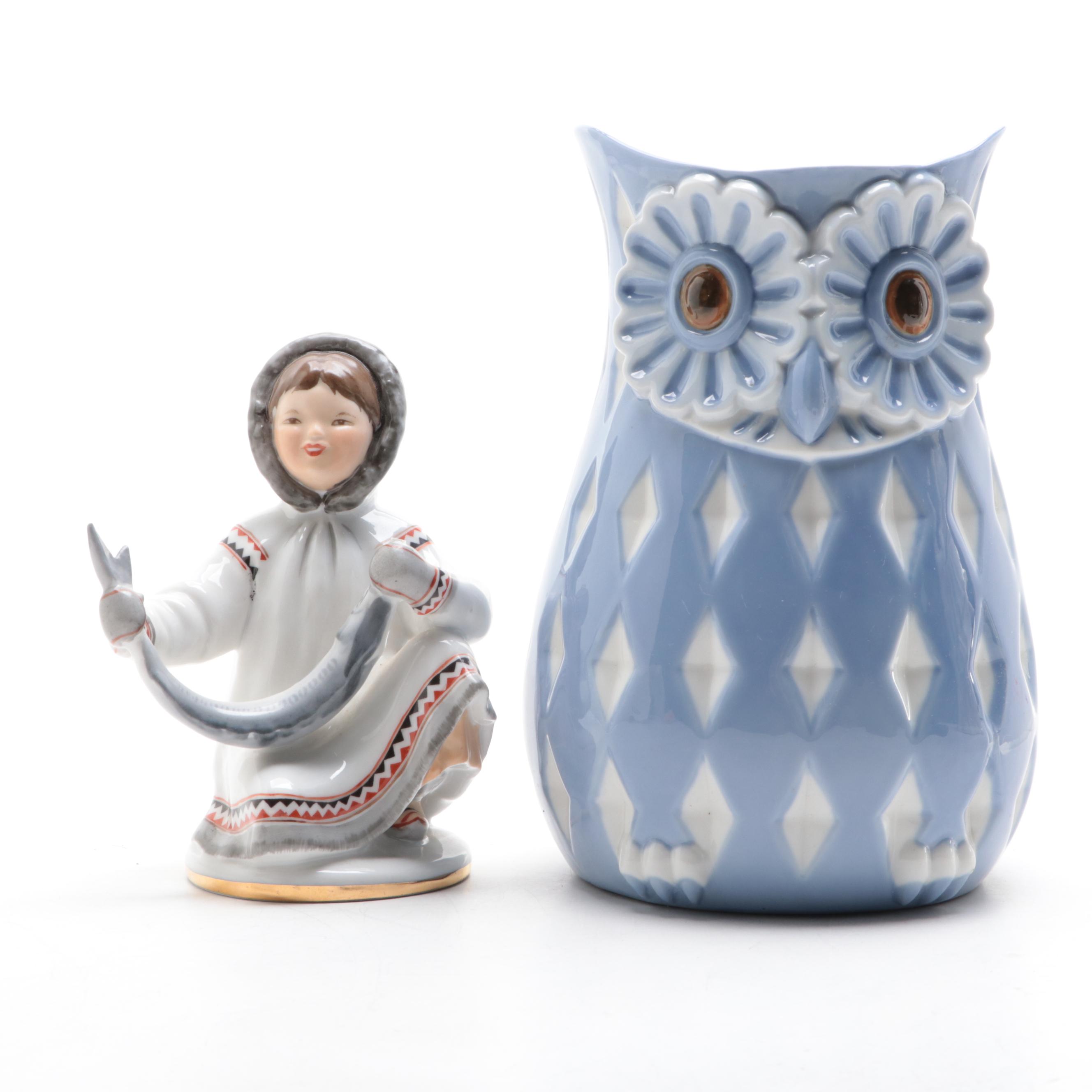 Spanish Porcelain Couple Figurine and Owl Vase with Russian Figurine