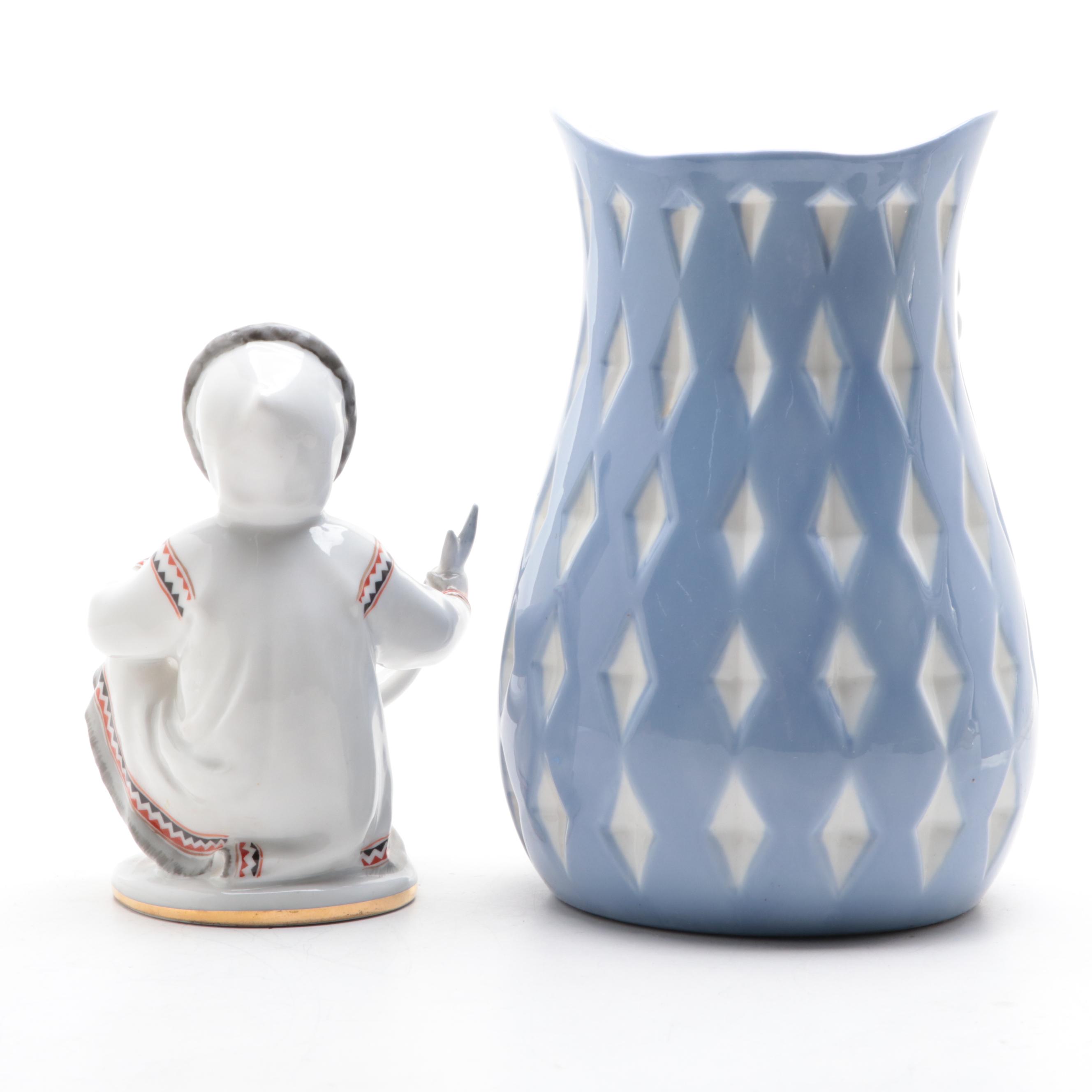 Spanish Porcelain Couple Figurine and Owl Vase with Russian Figurine