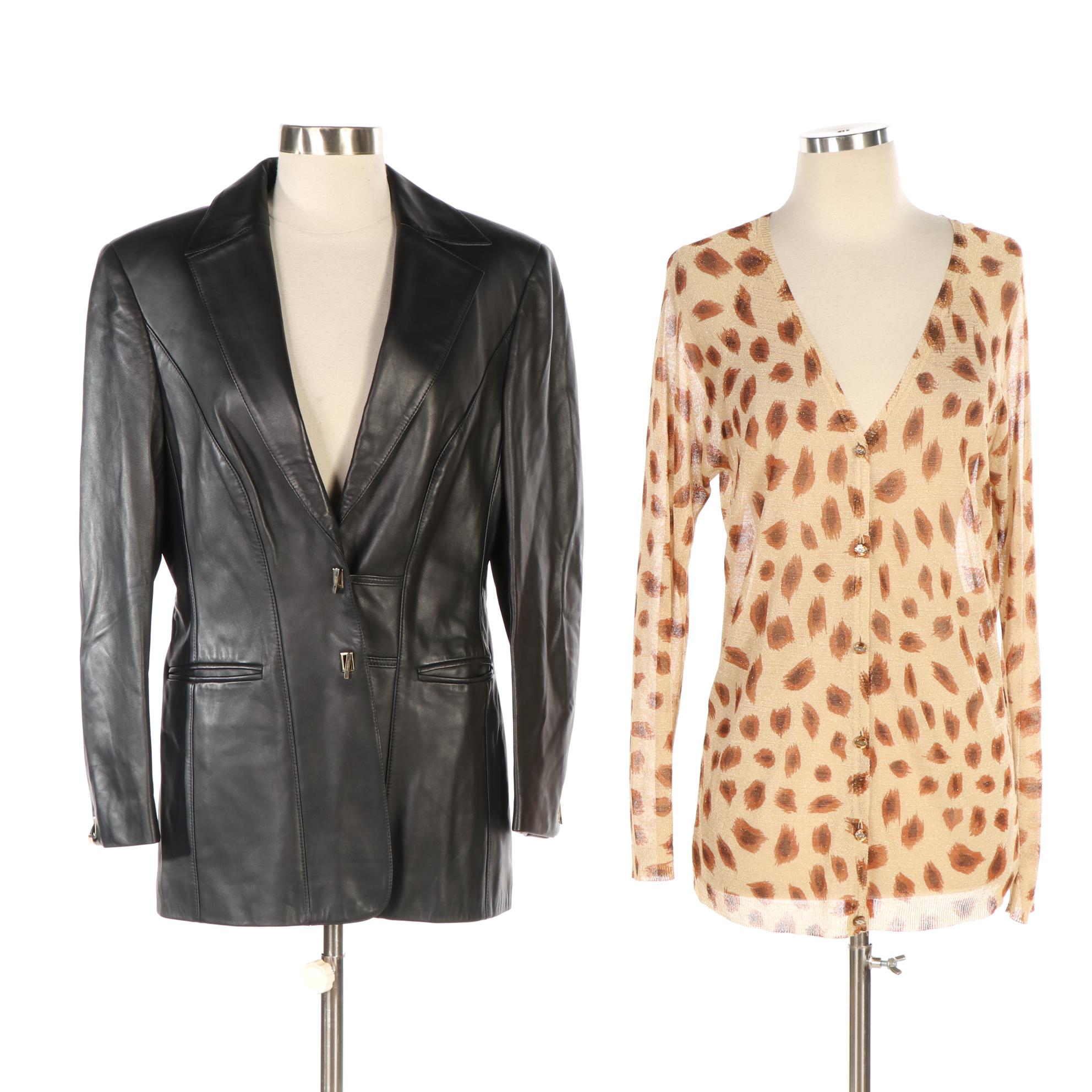 Escada Black Lambskin Jacket and Raglan-Sleeve Cardigan Sweater