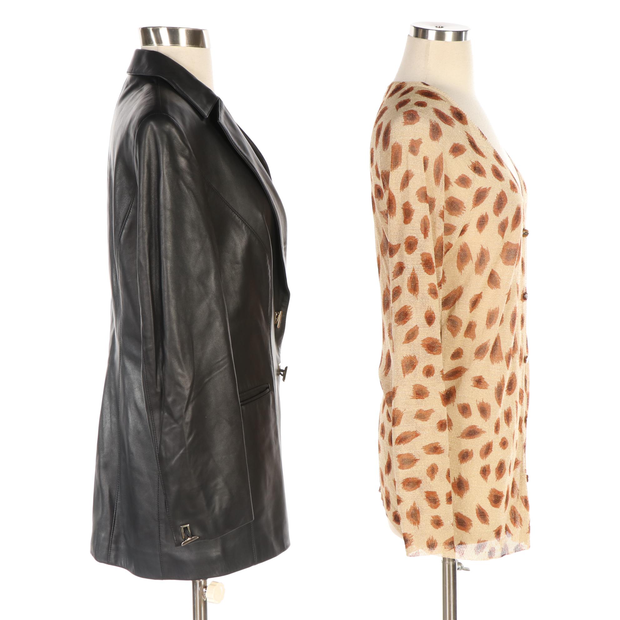 Escada Black Lambskin Jacket and Raglan-Sleeve Cardigan Sweater