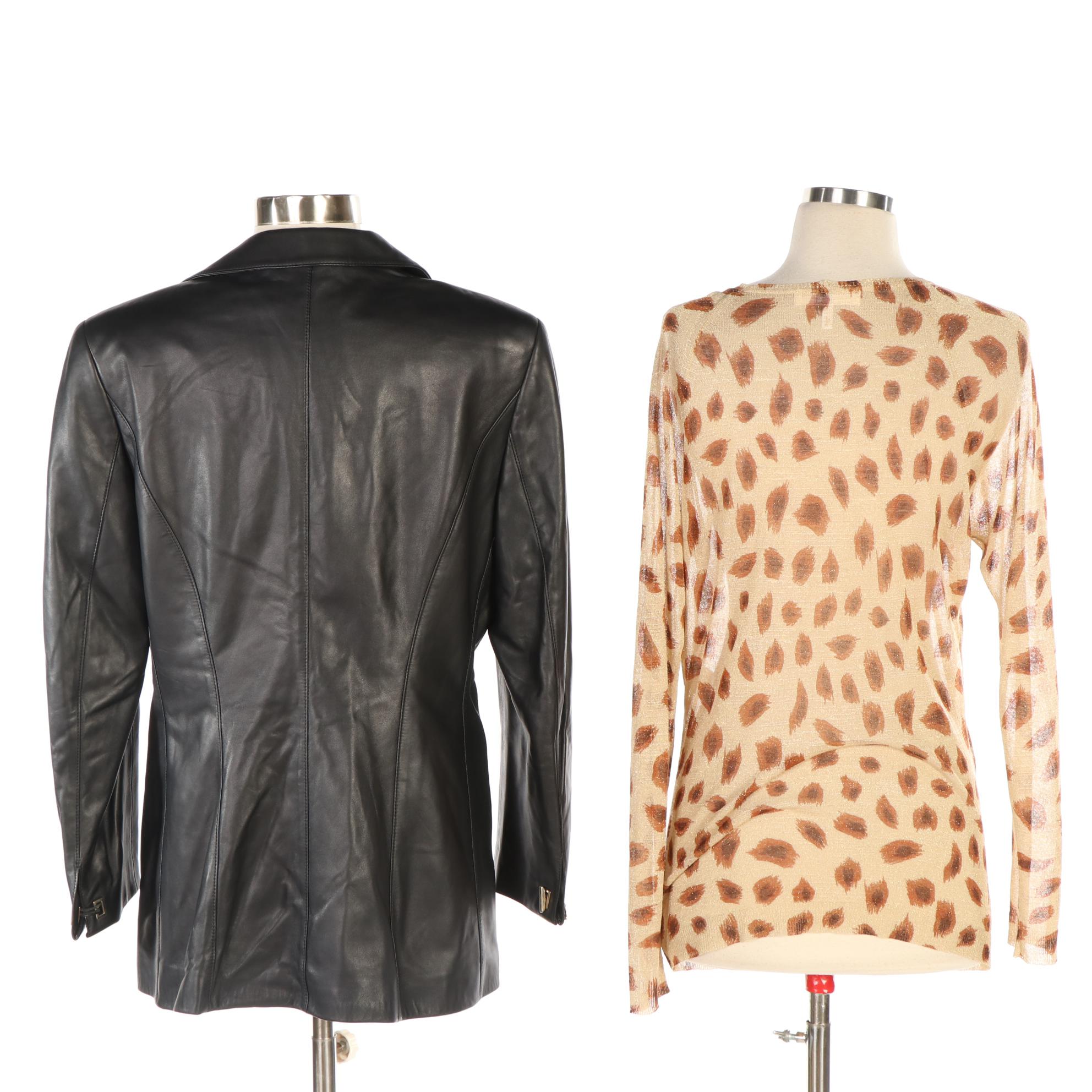 Escada Black Lambskin Jacket and Raglan-Sleeve Cardigan Sweater
