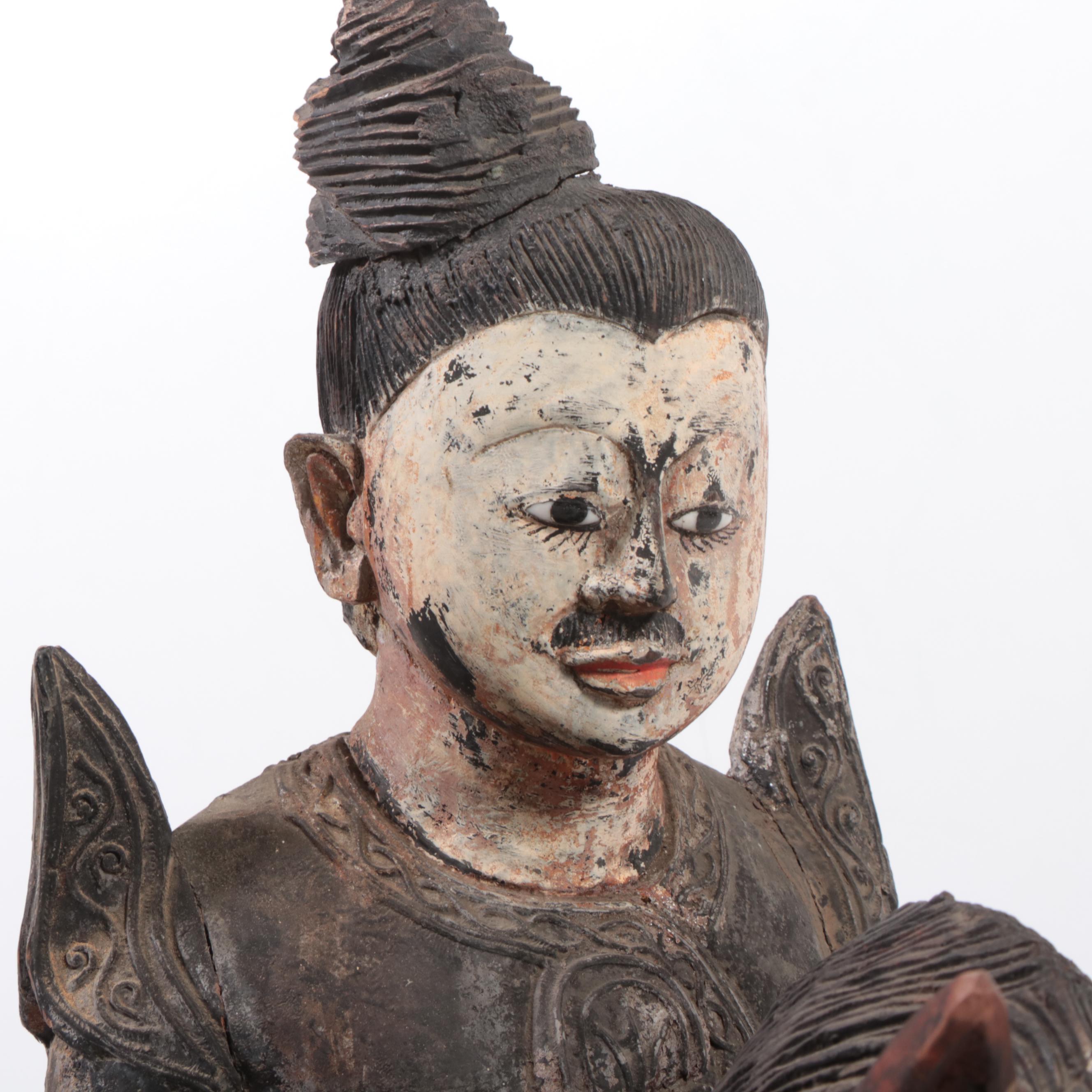 Burmese Nat on Horseback Hand-Carved Wooden Figurine