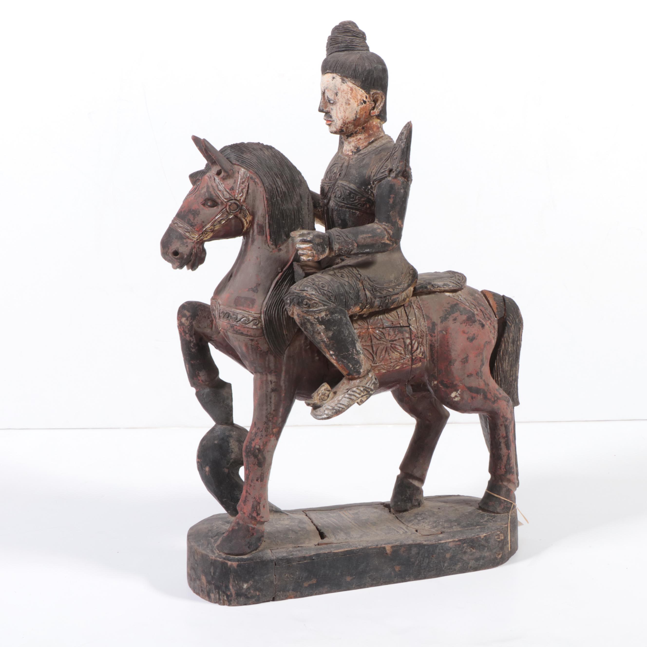Burmese Nat on Horseback Hand-Carved Wooden Figurine