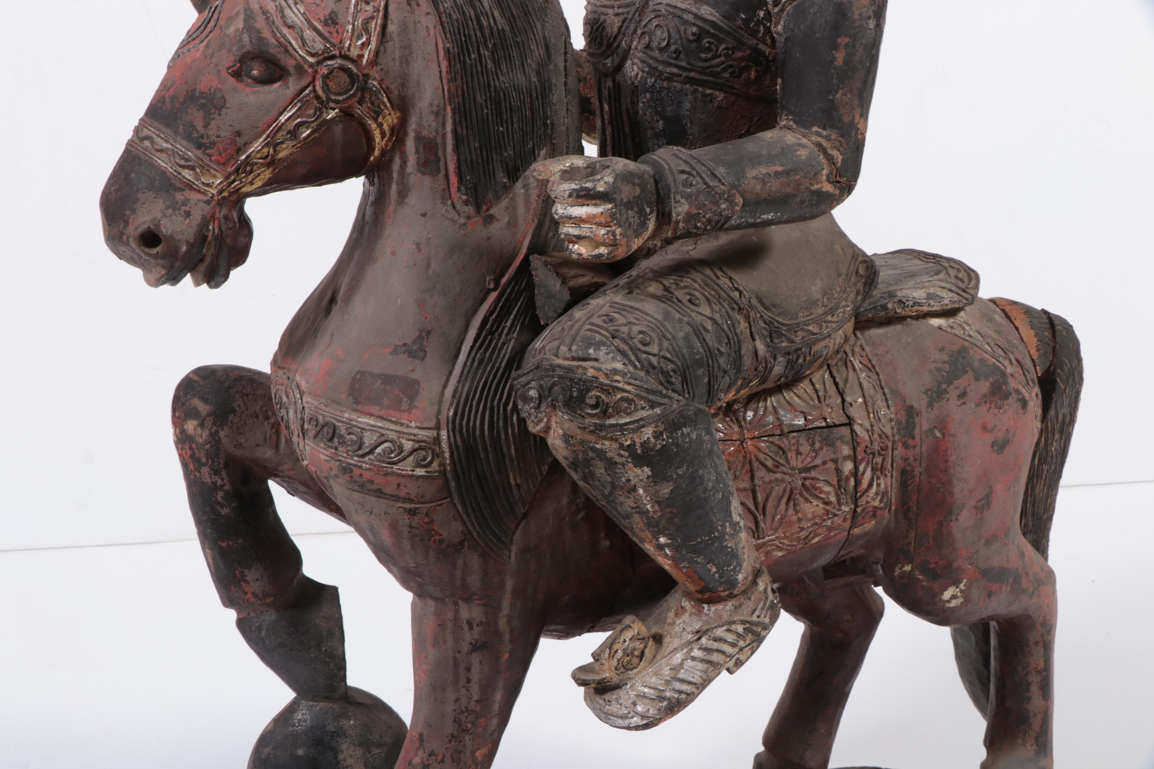 Burmese Nat on Horseback Hand-Carved Wooden Figurine