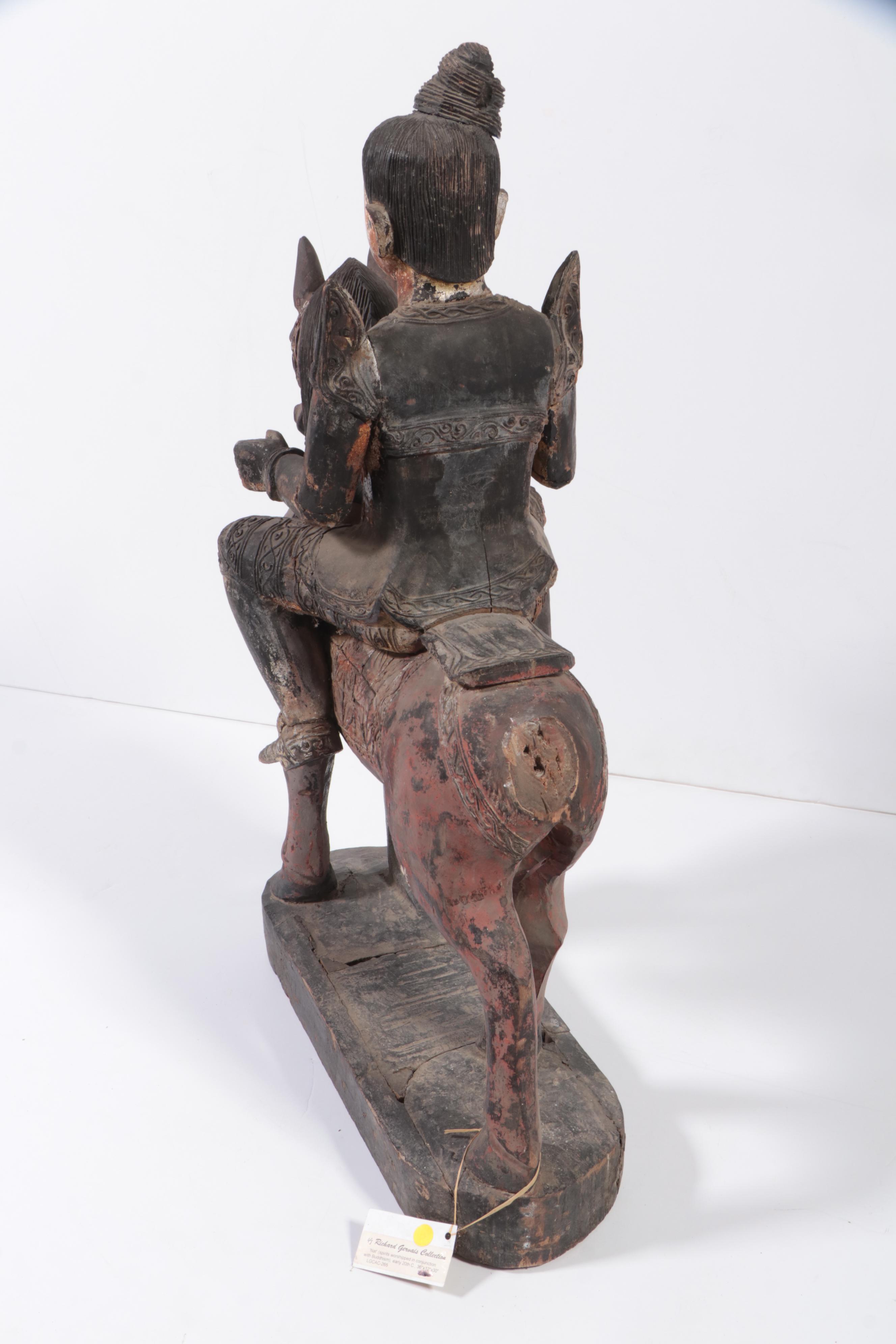 Burmese Nat on Horseback Hand-Carved Wooden Figurine