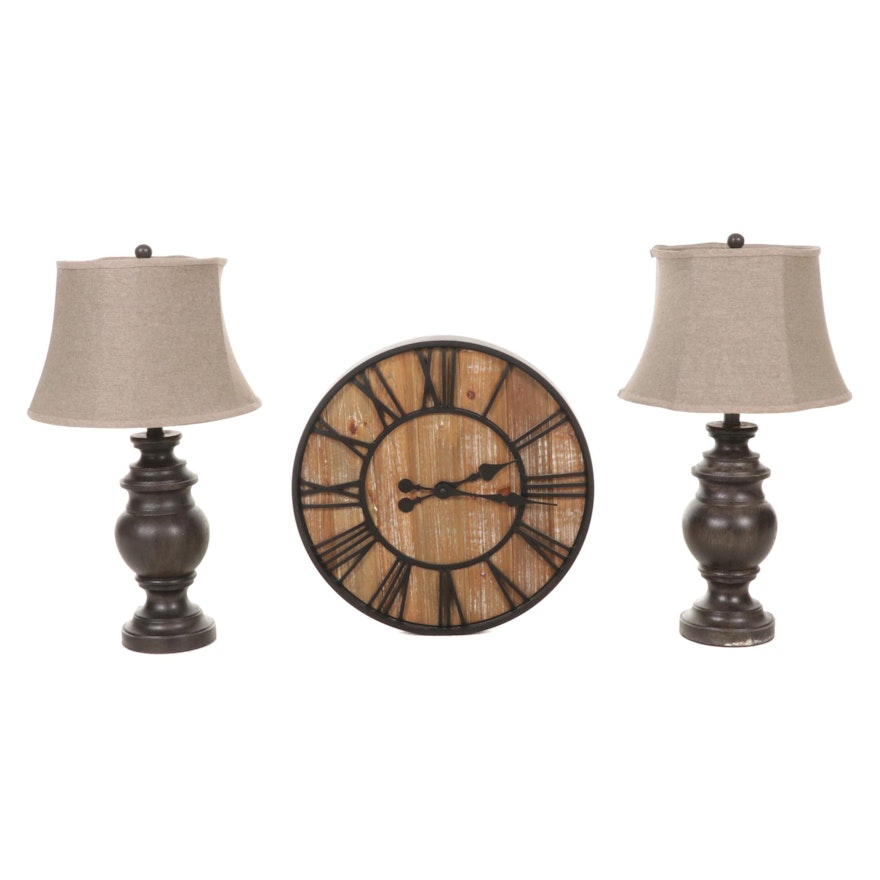 Pair of Wood Grain Pattern Table Lamps and Wall Clock, Contemporary