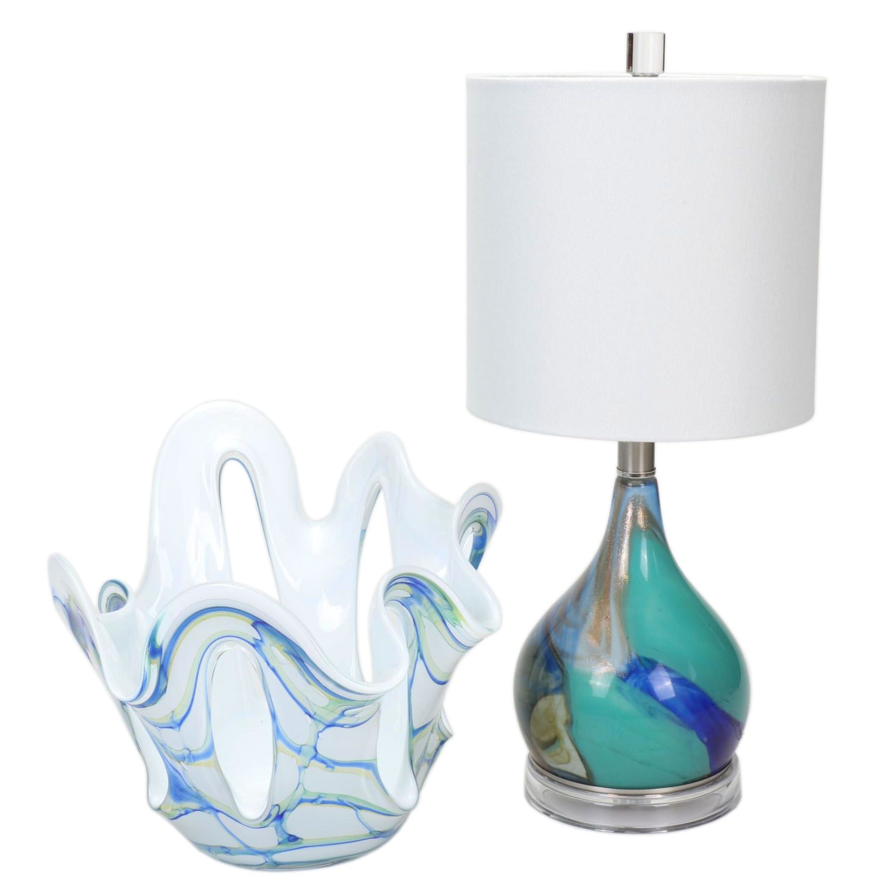 Blown Art Glass Table Lamp and Centerpiece Fruit Bowl