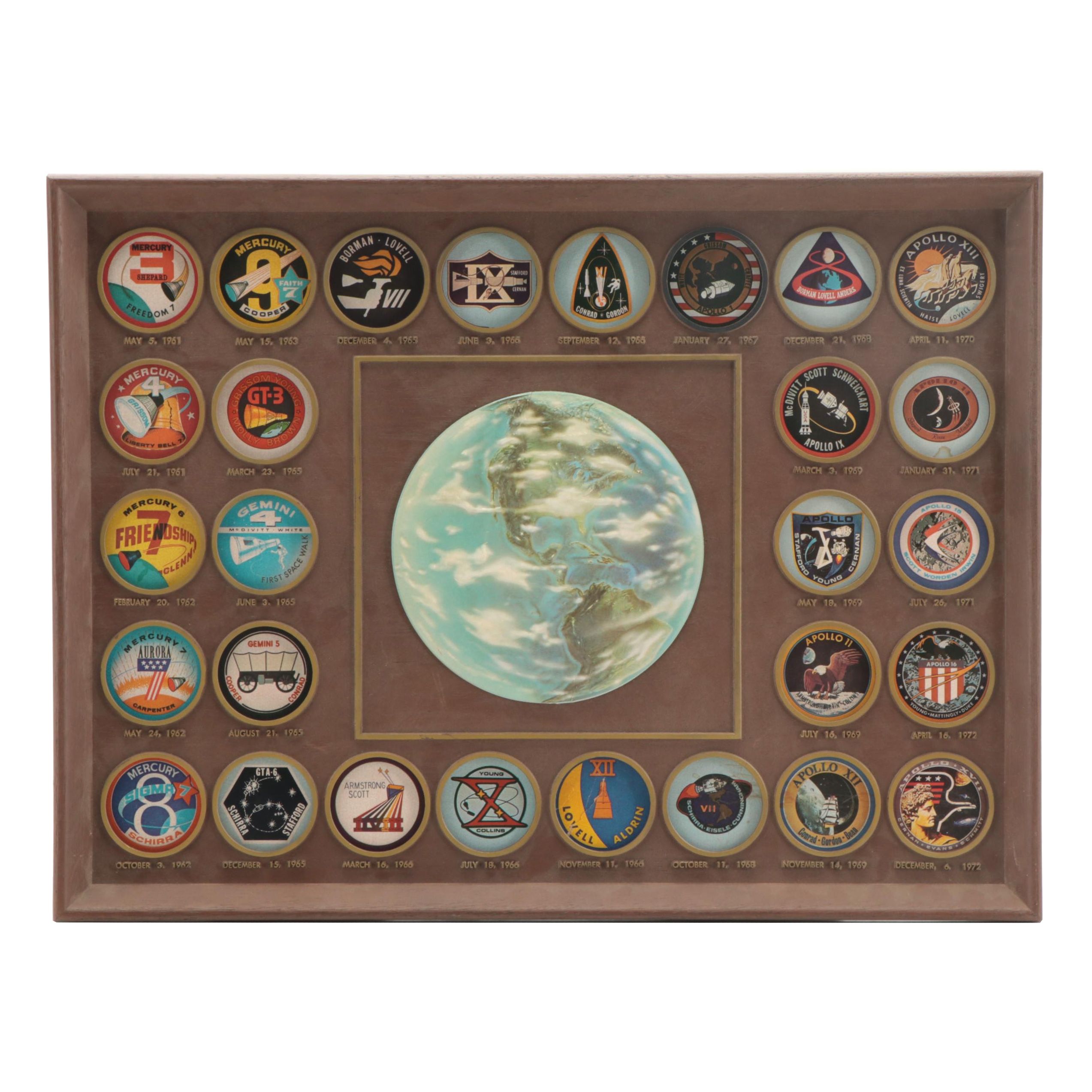NASA Space Mission Flight Badge Decal Framed Display, 1961–1972