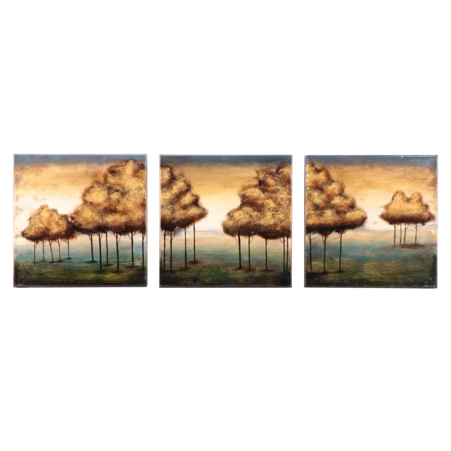 Triptych Acrylic Painting of Autumn Trees, 21st Century